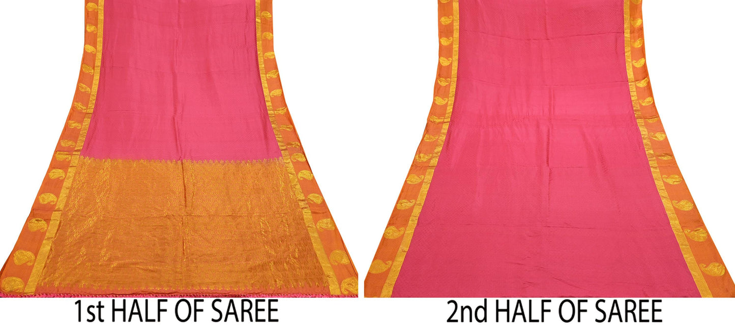 Indian Vintage Heavy Sari Pink & Saffron Kanjivaram Saree 100% Pure Silk Zari 5Yd Crafting Dress making For Crafting Quilting Upcycle