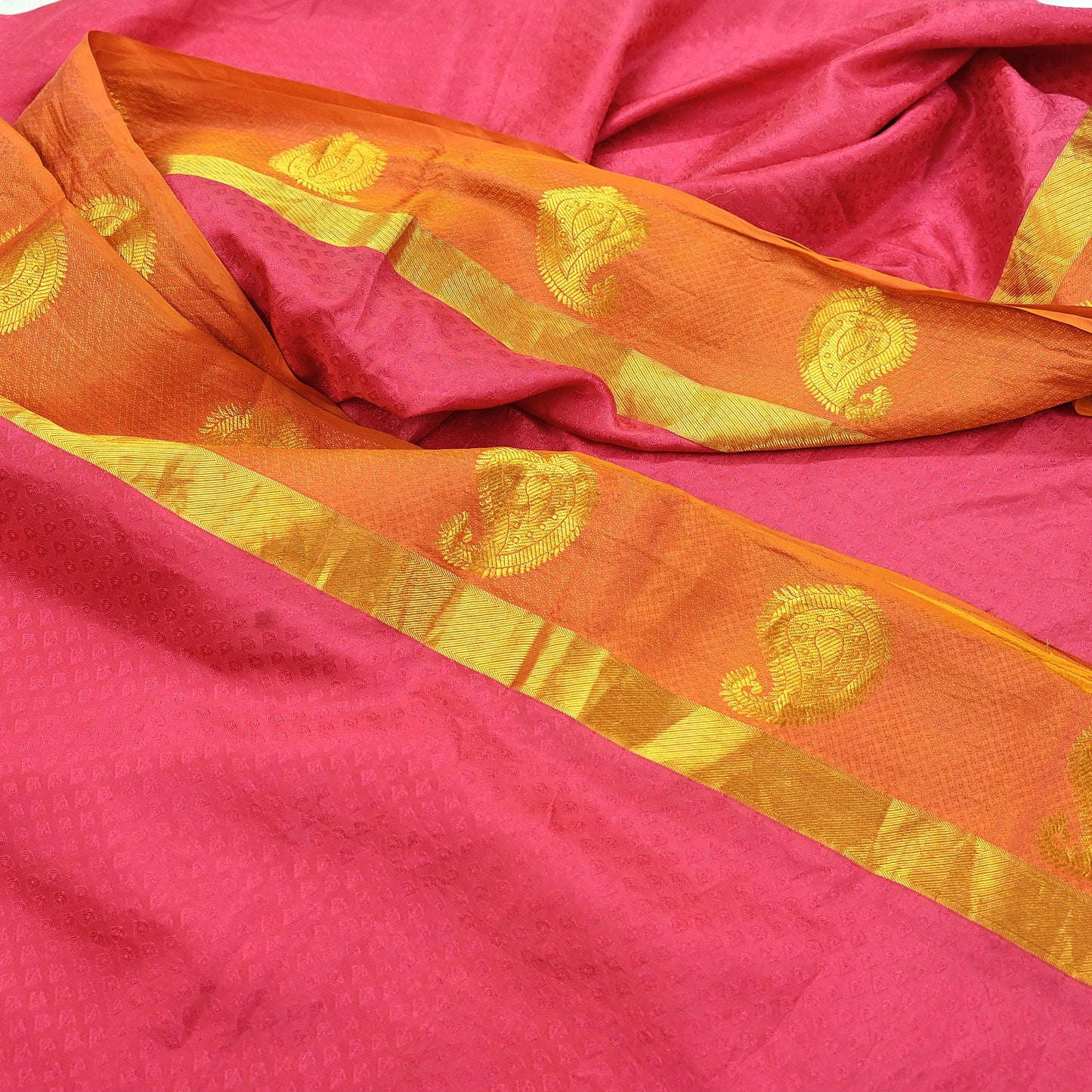 Indian Vintage Heavy Sari Pink & Saffron Kanjivaram Saree 100% Pure Silk Zari 5Yd Crafting Dress making For Crafting Quilting Upcycle