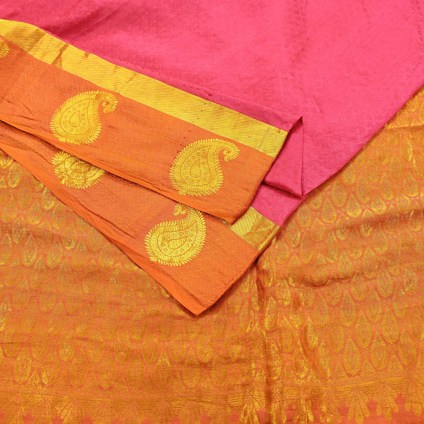 Indian Vintage Heavy Sari Pink & Saffron Kanjivaram Saree 100% Pure Silk Zari 5Yd Crafting Dress making For Crafting Quilting Upcycle