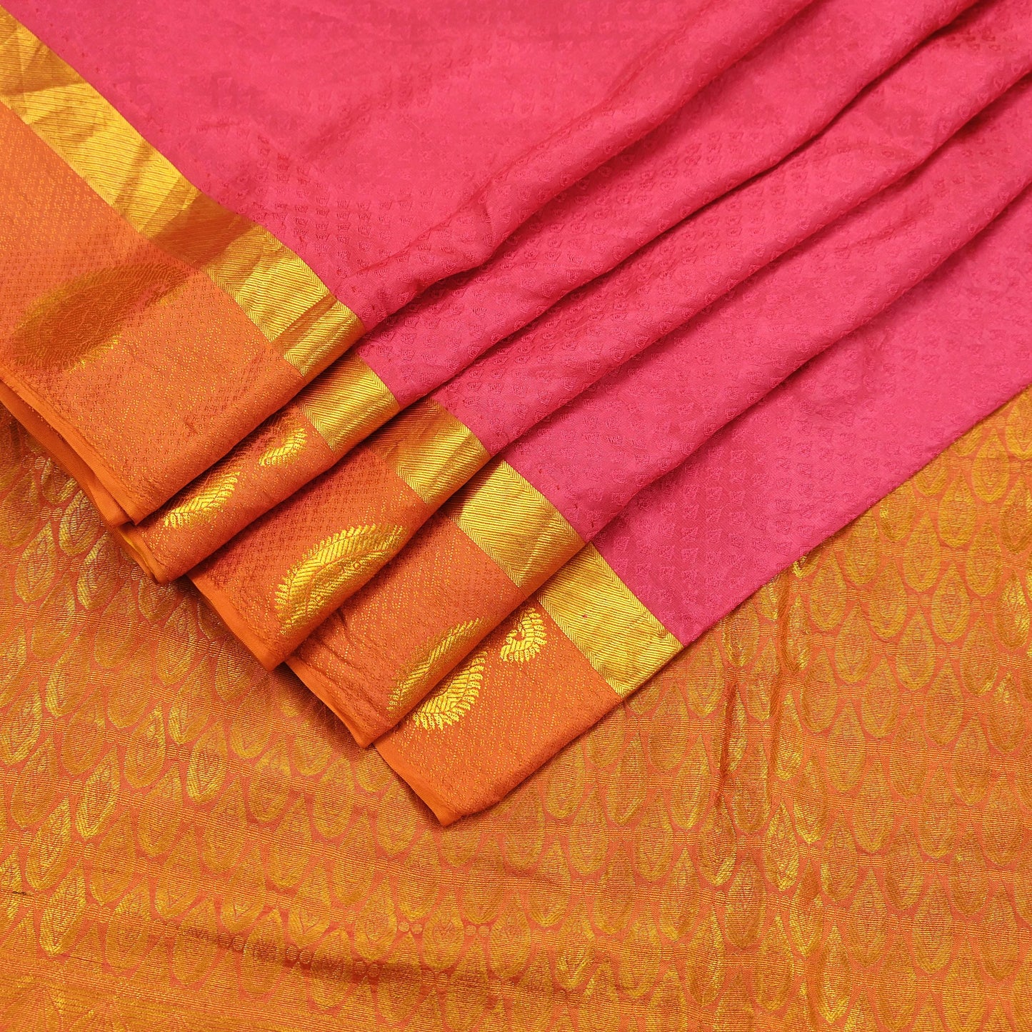 Indian Vintage Heavy Sari Pink & Saffron Kanjivaram Saree 100% Pure Silk Zari 5Yd Crafting Dress making For Crafting Quilting Upcycle