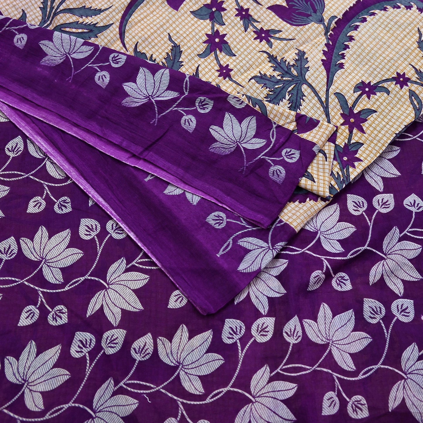 Indian Vintage Sari Beige & Purple Pure Cotton Printed Sarees Craft Fabric Soft 5Yd Sarong Wrap Boho Fabric Kimono Quilting Crafting Upcycle