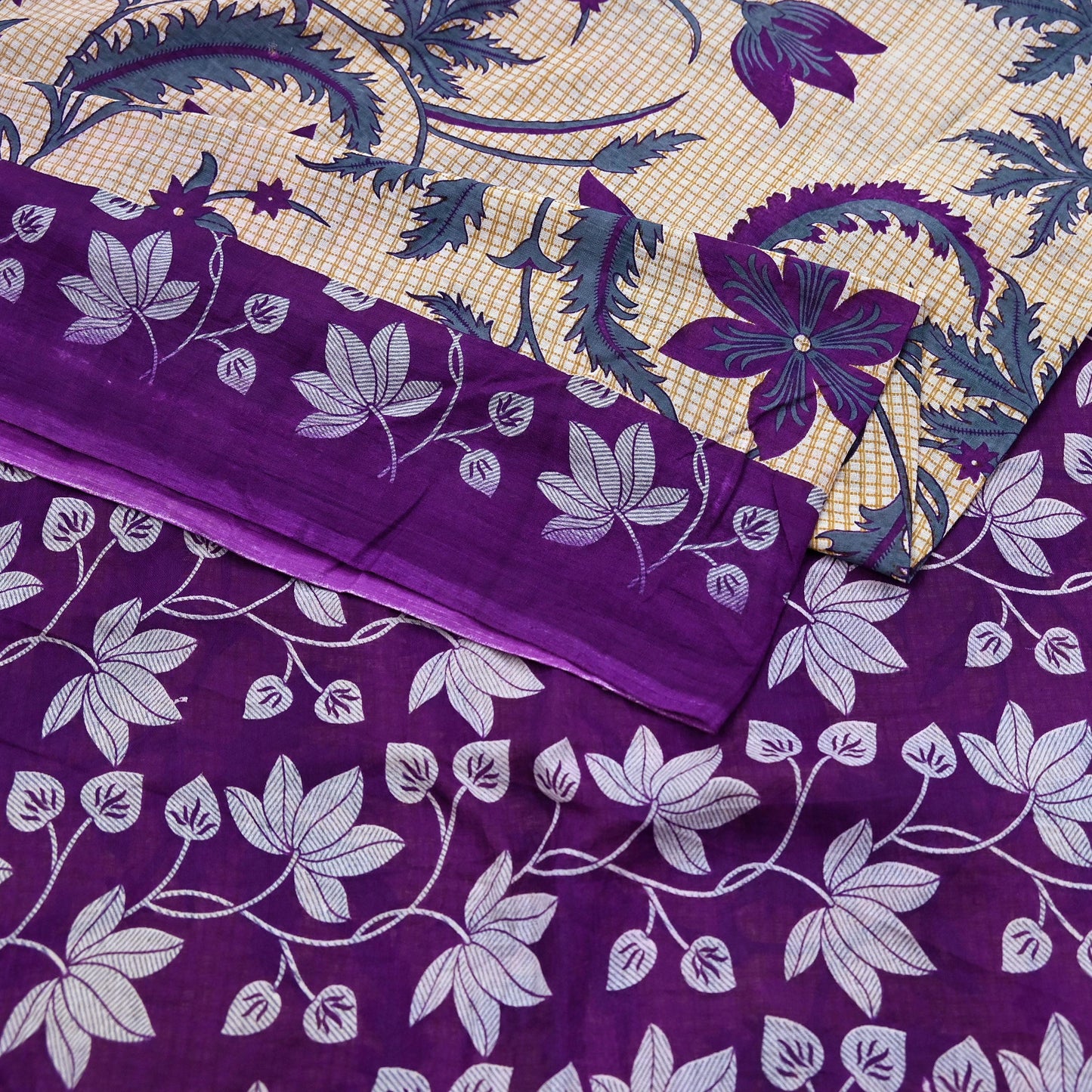 Indian Vintage Sari Beige & Purple Pure Cotton Printed Sarees Craft Fabric Soft 5Yd Sarong Wrap Boho Fabric Kimono Quilting Crafting Upcycle