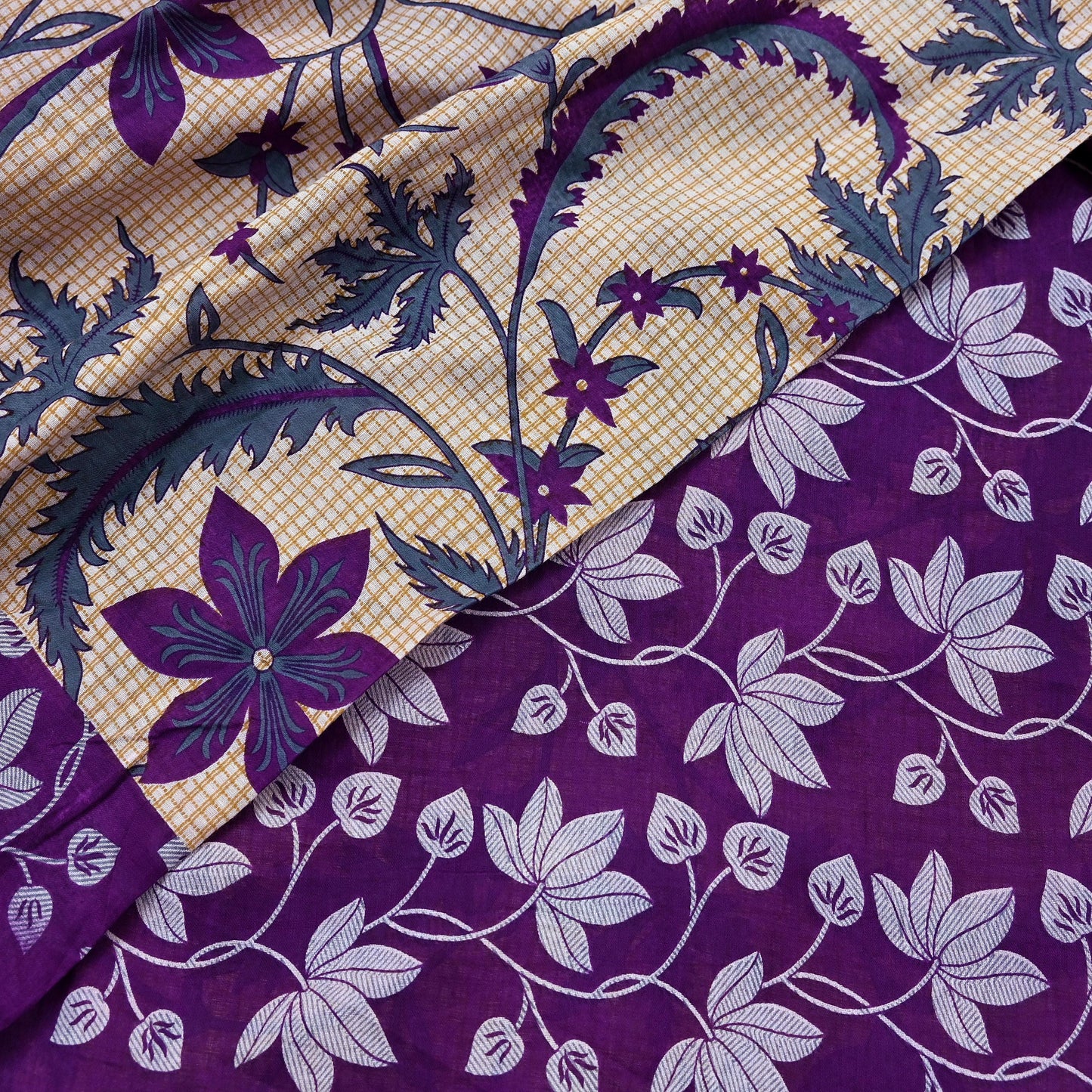 Indian Vintage Sari Beige & Purple Pure Cotton Printed Sarees Craft Fabric Soft 5Yd Sarong Wrap Boho Fabric Kimono Quilting Crafting Upcycle