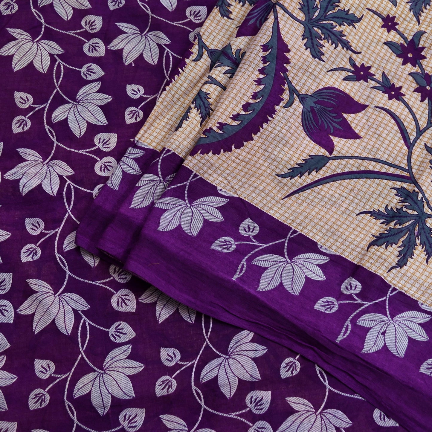 Indian Vintage Sari Beige & Purple Pure Cotton Printed Sarees Craft Fabric Soft 5Yd Sarong Wrap Boho Fabric Kimono Quilting Crafting Upcycle