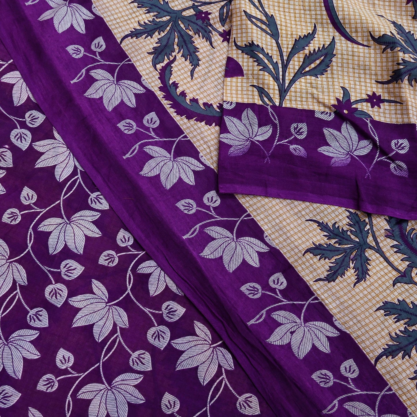 Indian Vintage Sari Beige & Purple Pure Cotton Printed Sarees Craft Fabric Soft 5Yd Sarong Wrap Boho Fabric Kimono Quilting Crafting Upcycle