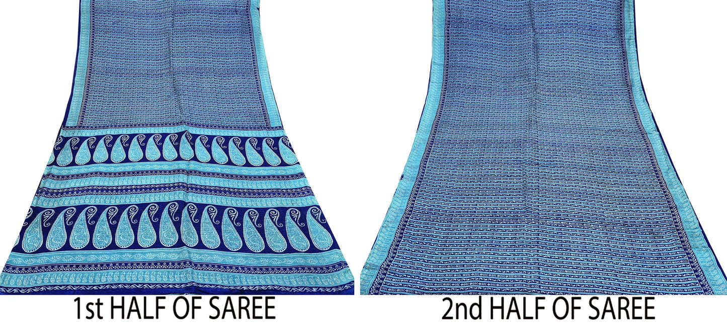 Indian Vintage Saree Blue Pure Silk Printed Sari 5yd Craft Fabric Sewing Floral Soft Wrap Sarong Quilting Used Dress making Quilting Upcycle