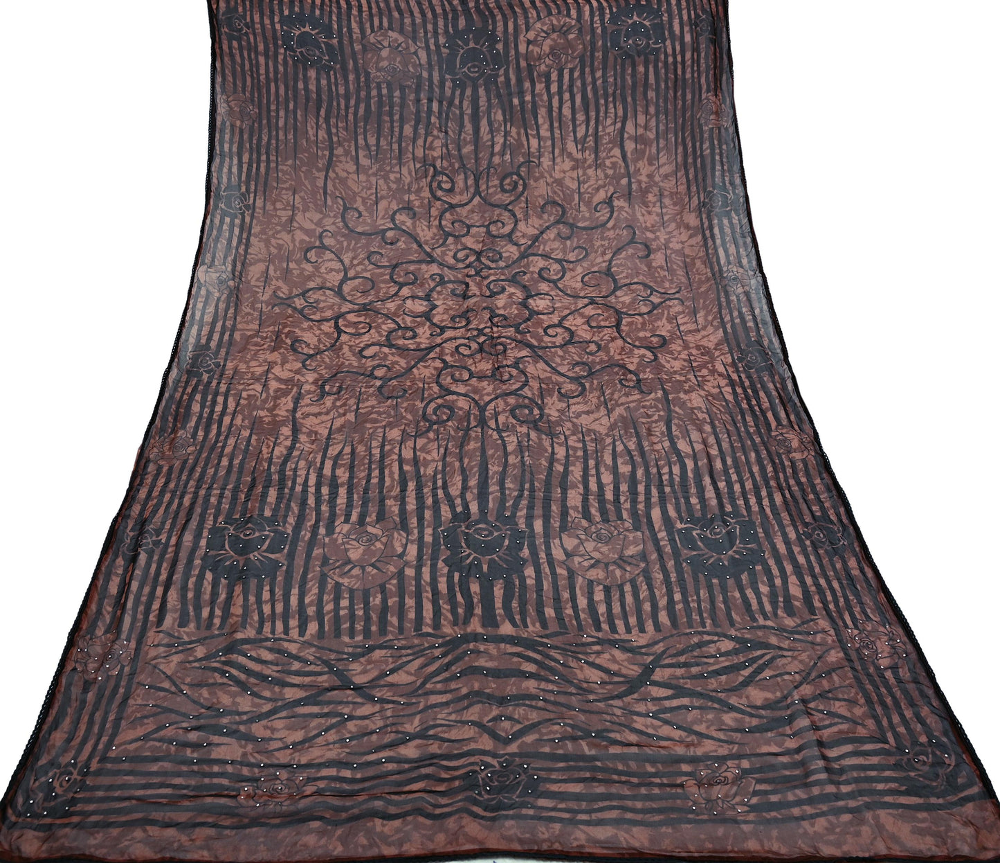 Indian Vintage Dupatta Brown Long Stole Hand Beaded Printed Pure Georgette Silk Scarves Veil Wrap Soft Floral