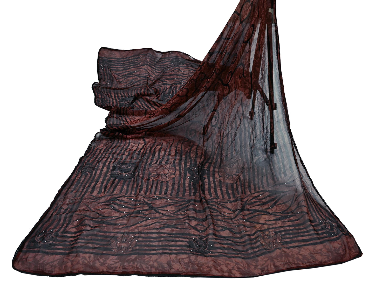 Indian Vintage Dupatta Brown Long Stole Hand Beaded Printed Pure Georgette Silk Scarves Veil Wrap Soft Floral