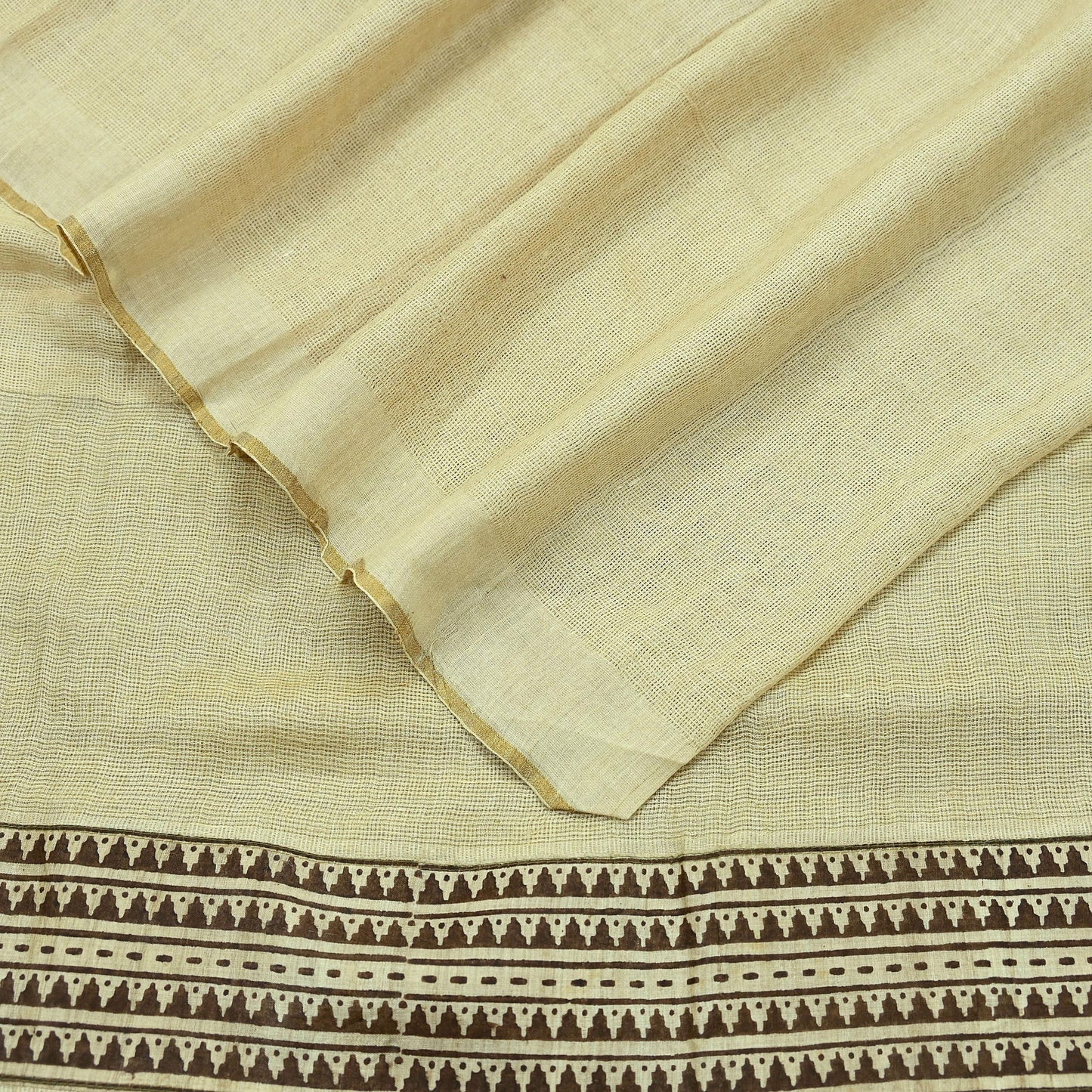 Indian Vintage Beige Dupatta Long Stole Block Print Pure Chanderi Silk Scarves Veil Floral Design Upcycle Party wear hijab Zari Border