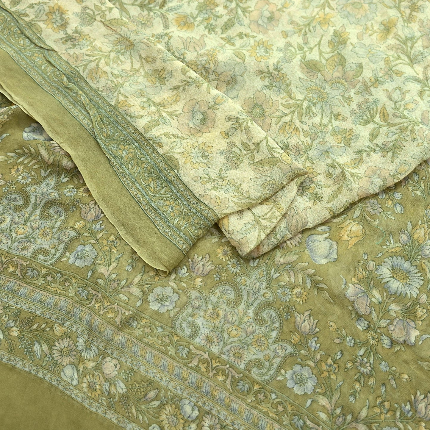 Indian Vintage Dupatta Green & Ivory Long Stole printed stole Pure Georgette Silk Scarves Veil Wrap Soft