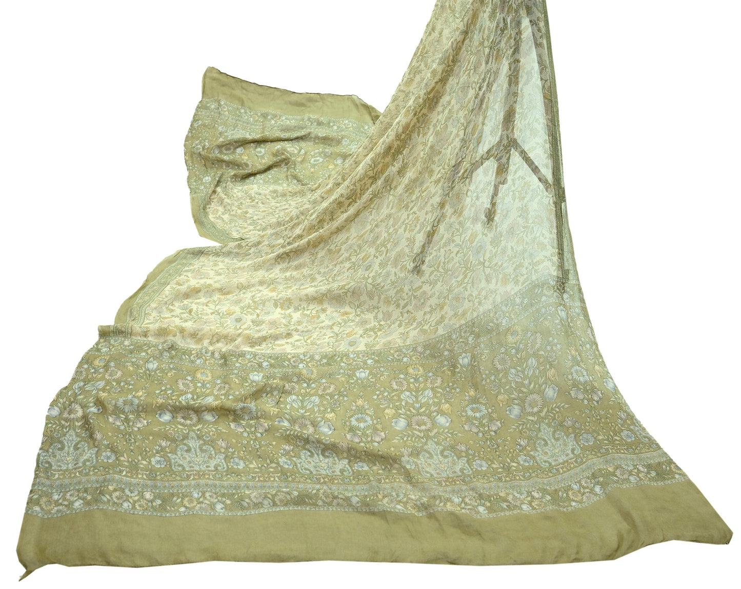 Indian Vintage Dupatta Green & Ivory Long Stole printed stole Pure Georgette Silk Scarves Veil Wrap Soft