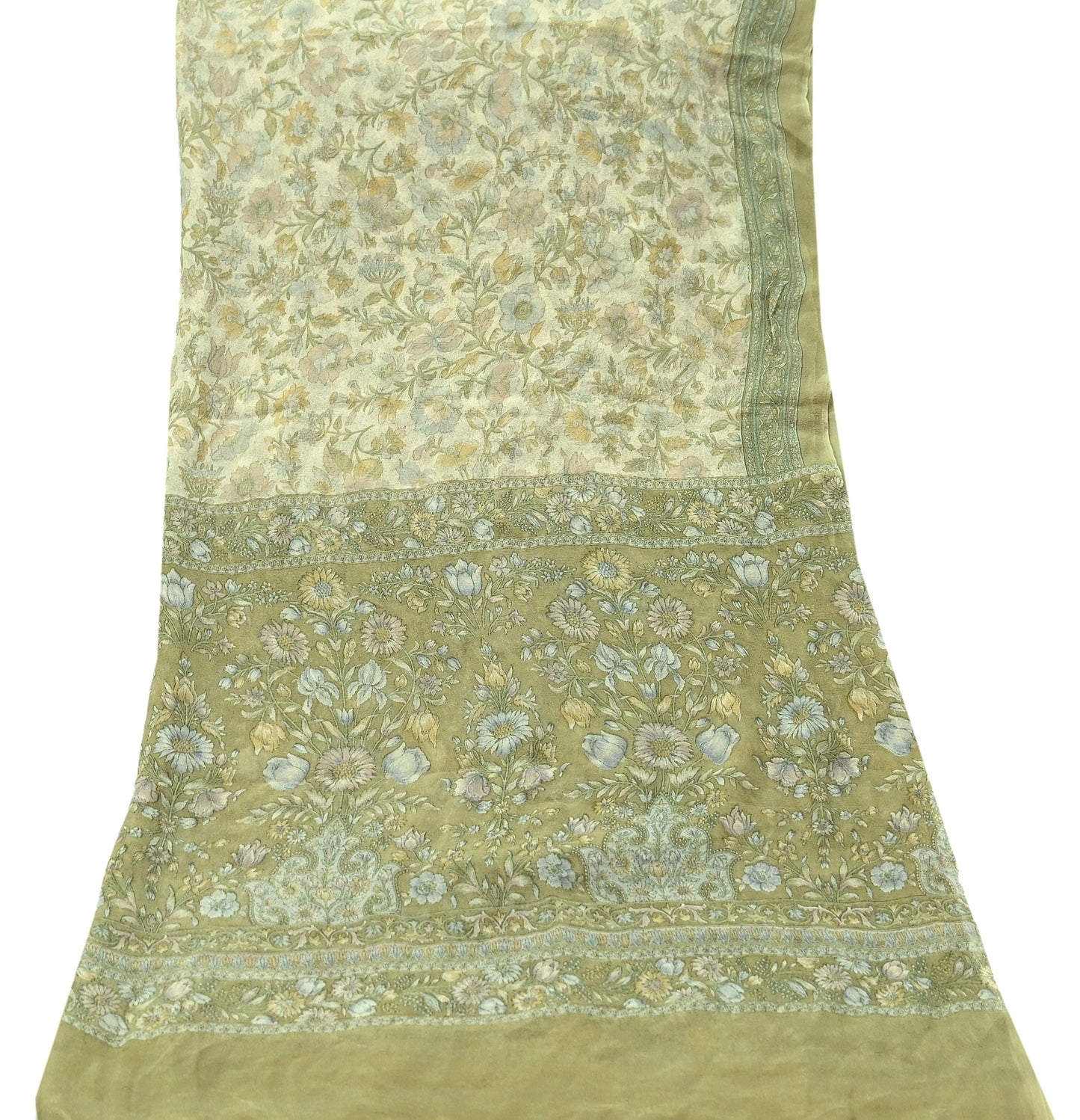 Indian Vintage Dupatta Green & Ivory Long Stole printed stole Pure Georgette Silk Scarves Veil Wrap Soft