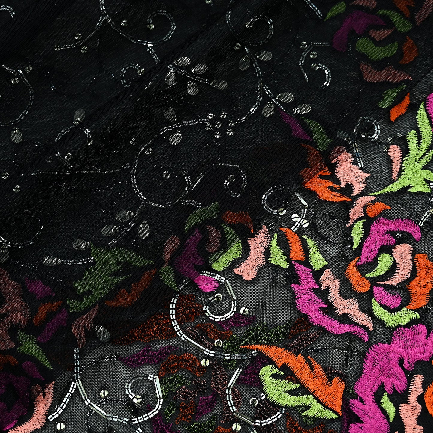 Indian Vintage Black Dupatta Net Mesh Long Stole Hand Embroidered Scarves Sequins Veil Hijab Party Wear