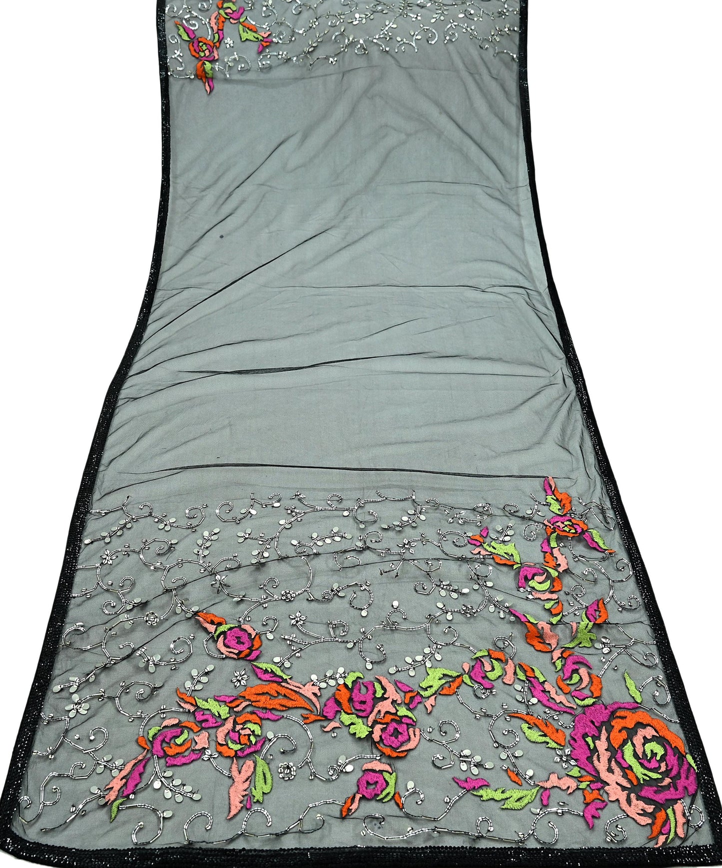 Indian Vintage Black Dupatta Net Mesh Long Stole Hand Embroidered Scarves Sequins Veil Hijab Party Wear