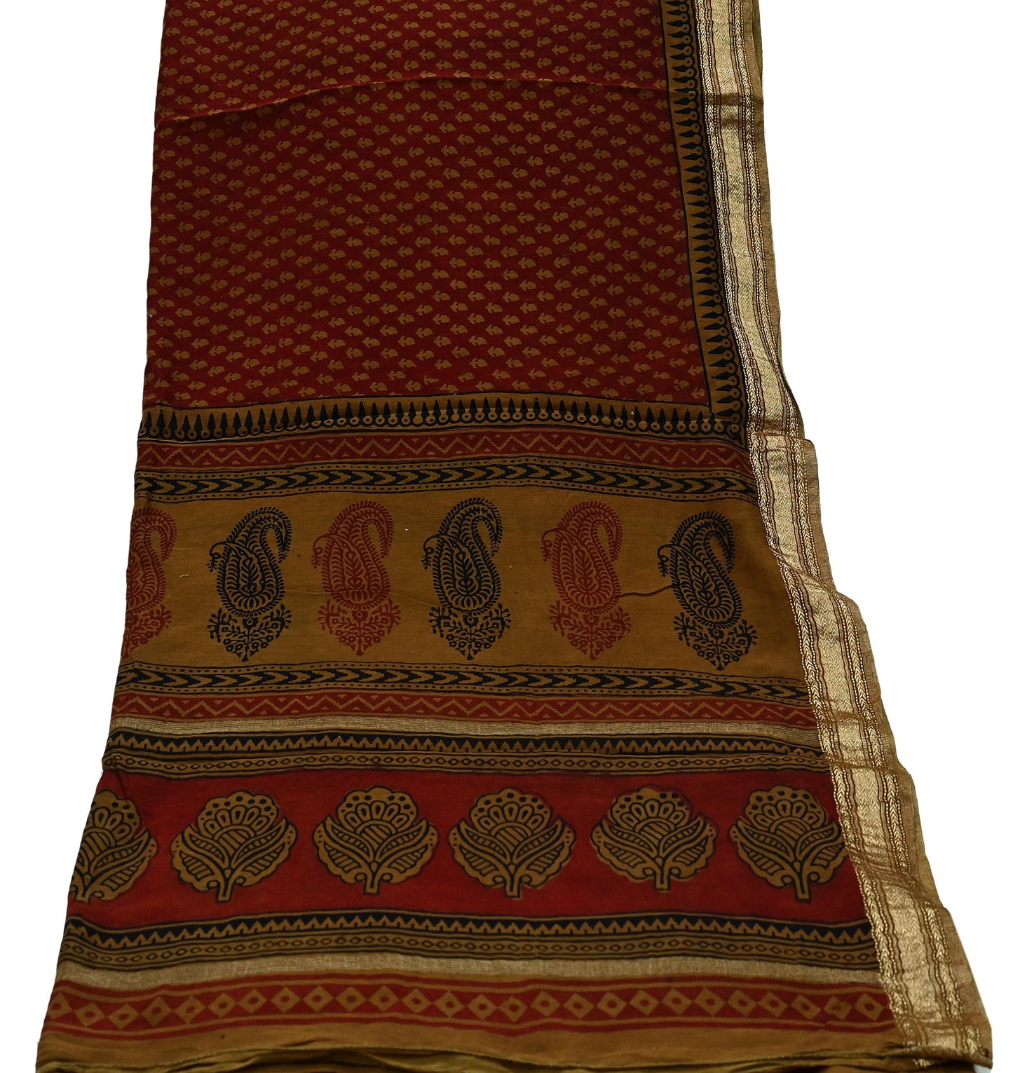 Indian Vintage Maroon Dupatta Long Stole Block Print Pure Chanderi Silk Scarves Veil Floral Design Upcycle Party wear hijab Zari Border