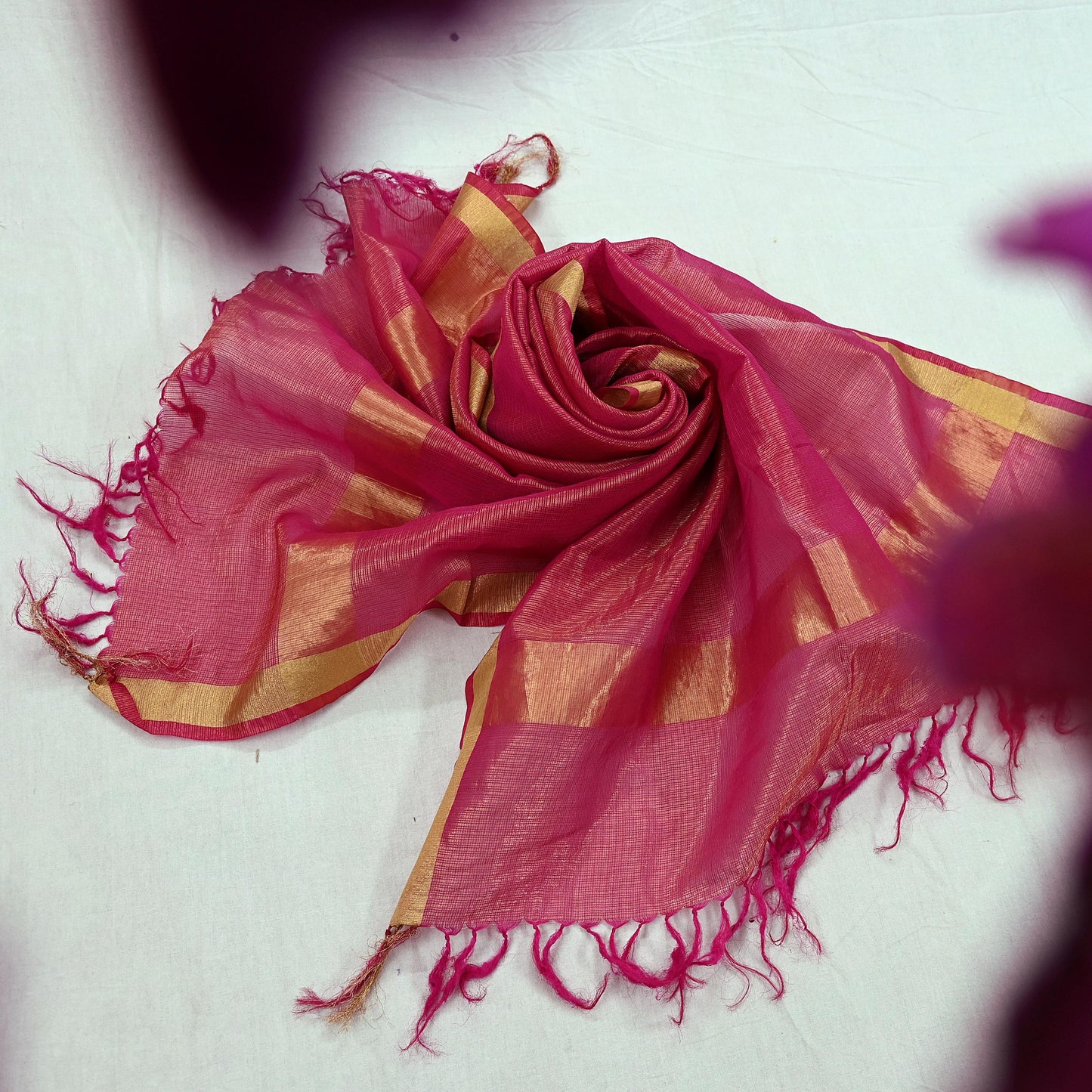 Indian Vintage Dupatta Pink Long Stole Hand Woven Tissue Scarf Veil Soft Floral Zari Fringes