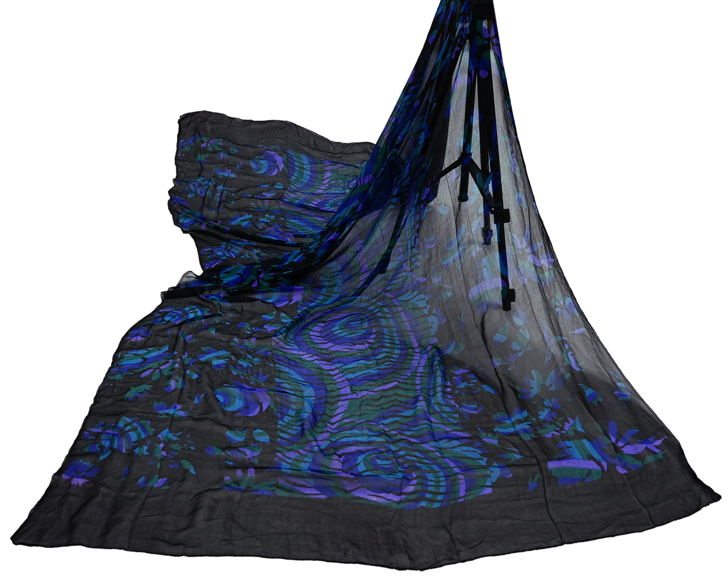 Indian Vintage Dupatta Black Long Stole Hand Beaded Printed Pure Georgette Silk Scarves Veil Wrap Soft Floral