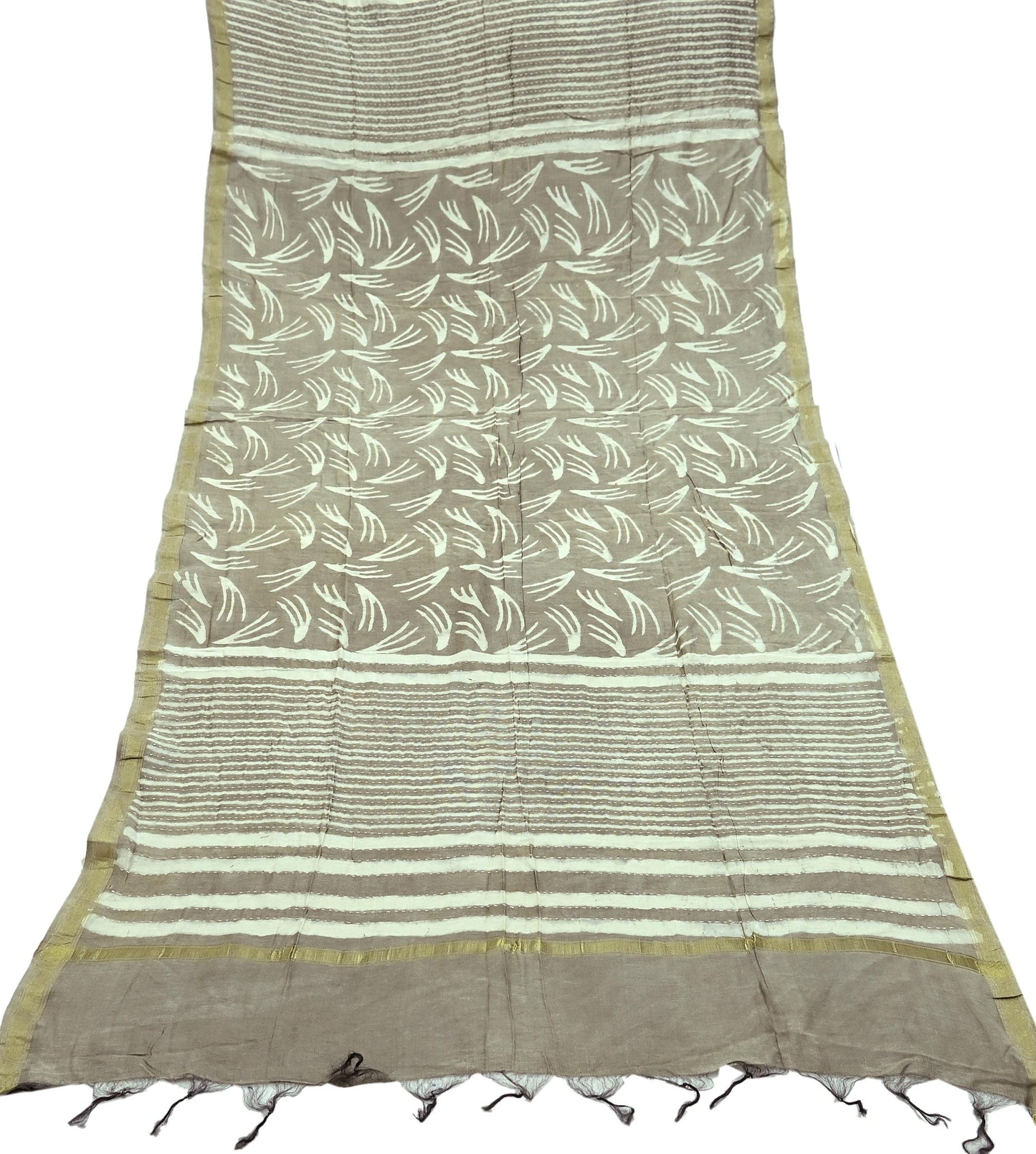 Indian Vintage Brown Dupatta Long Stole Block Print Pure Chanderi Silk Scarves Veil Floral Design Upcycle Party wear hijab Zari Border