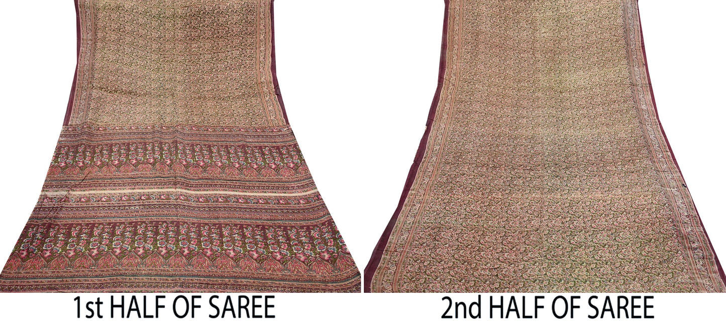 Indian Vintage Sari Brown 100% Pure Cotton Printed Sarees 5Yd Craft Fabric Sewing Soft Sarong Wrap Boho Quilting Upcycle Dress Making Used