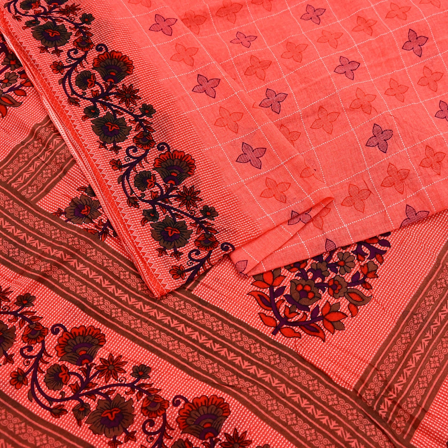 Indian Vintage Sari Peach Printed 100% Pure Cotton Sarees Craft Fabric Soft 5Yd Sewing Sarong Wrap Boho Floral Quilting Crafting