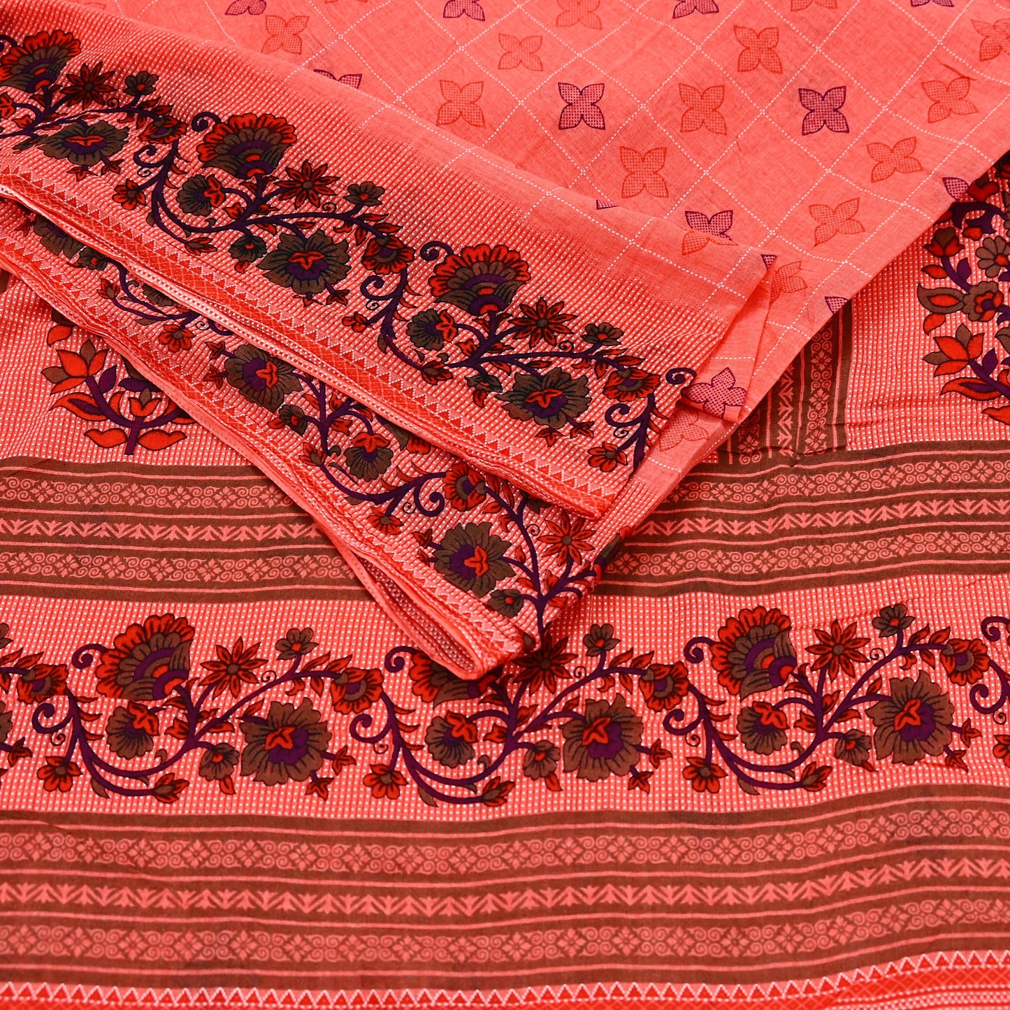 Indian Vintage Sari Peach Printed 100% Pure Cotton Sarees Craft Fabric Soft 5Yd Sewing Sarong Wrap Boho Floral Quilting Crafting