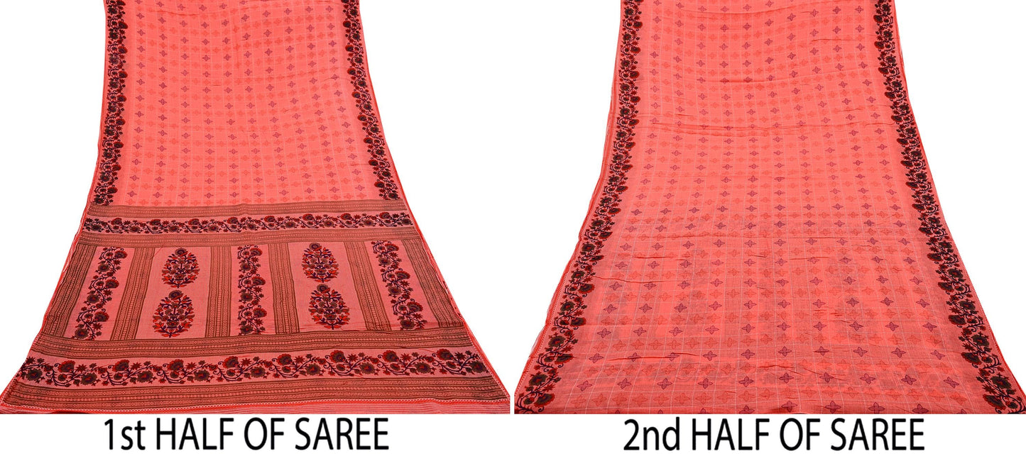 Indian Vintage Sari Peach Printed 100% Pure Cotton Sarees Craft Fabric Soft 5Yd Sewing Sarong Wrap Boho Floral Quilting Crafting