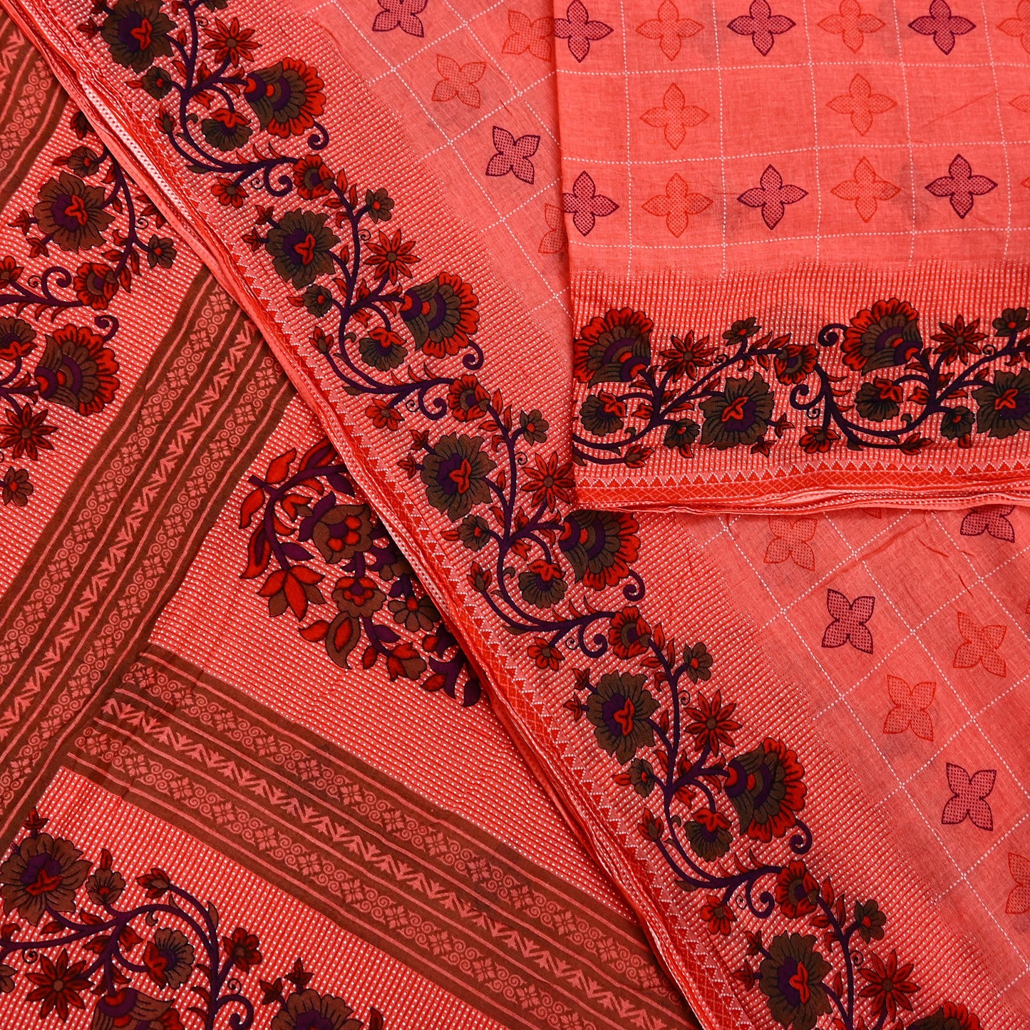 Indian Vintage Sari Peach Printed 100% Pure Cotton Sarees Craft Fabric Soft 5Yd Sewing Sarong Wrap Boho Floral Quilting Crafting
