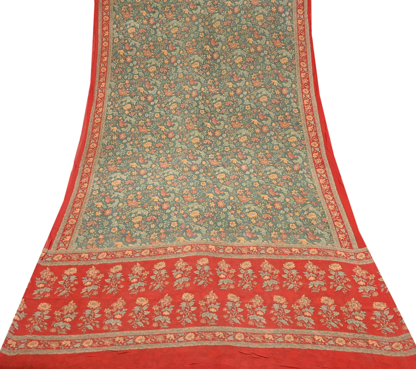 Women Vintage Sari Red & Green 100% Pure Georgette Silk Printed Saree Craft Fabric Sewing 5Yard Soft Sari Dress Making
