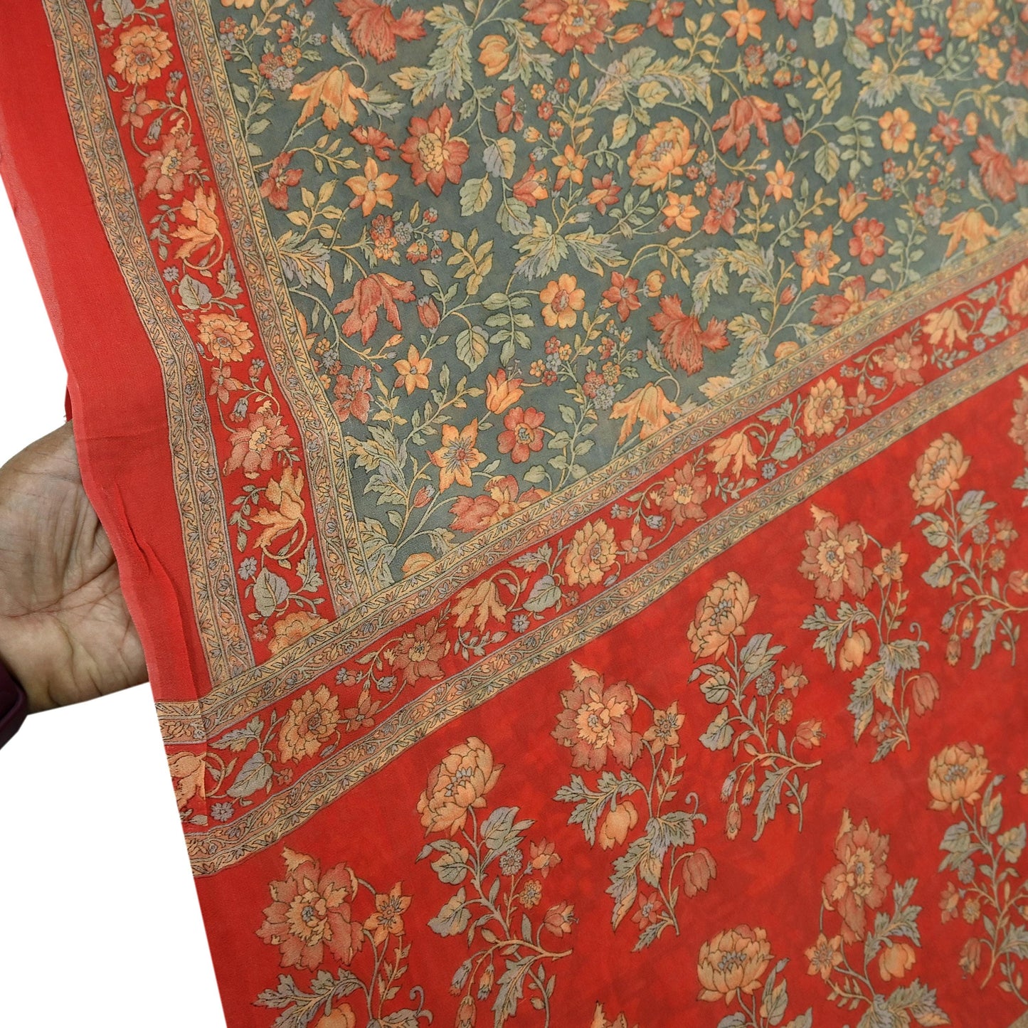 Women Vintage Sari Red & Green 100% Pure Georgette Silk Printed Saree Craft Fabric Sewing 5Yard Soft Sari Dress Making