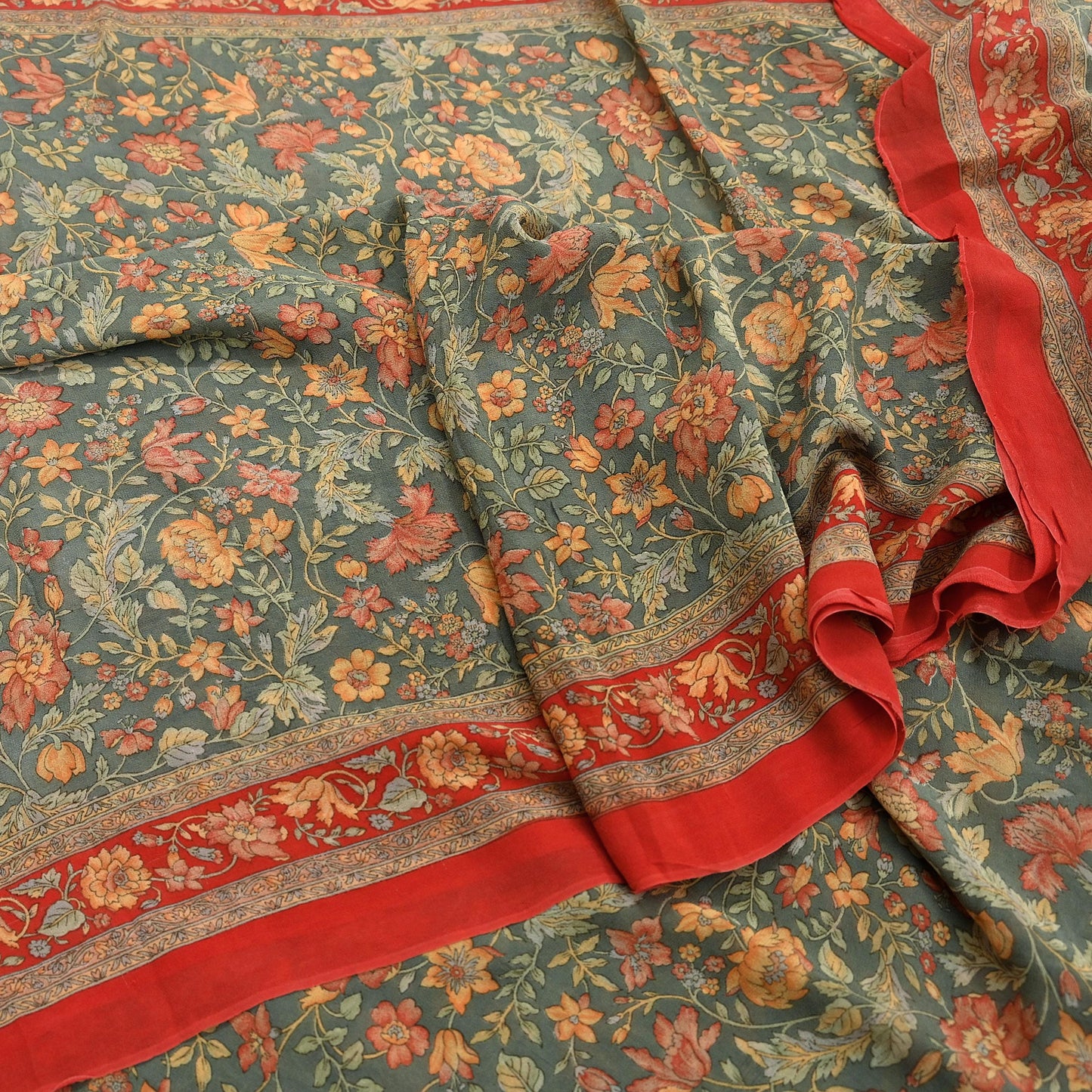 Women Vintage Sari Red & Green 100% Pure Georgette Silk Printed Saree Craft Fabric Sewing 5Yard Soft Sari Dress Making