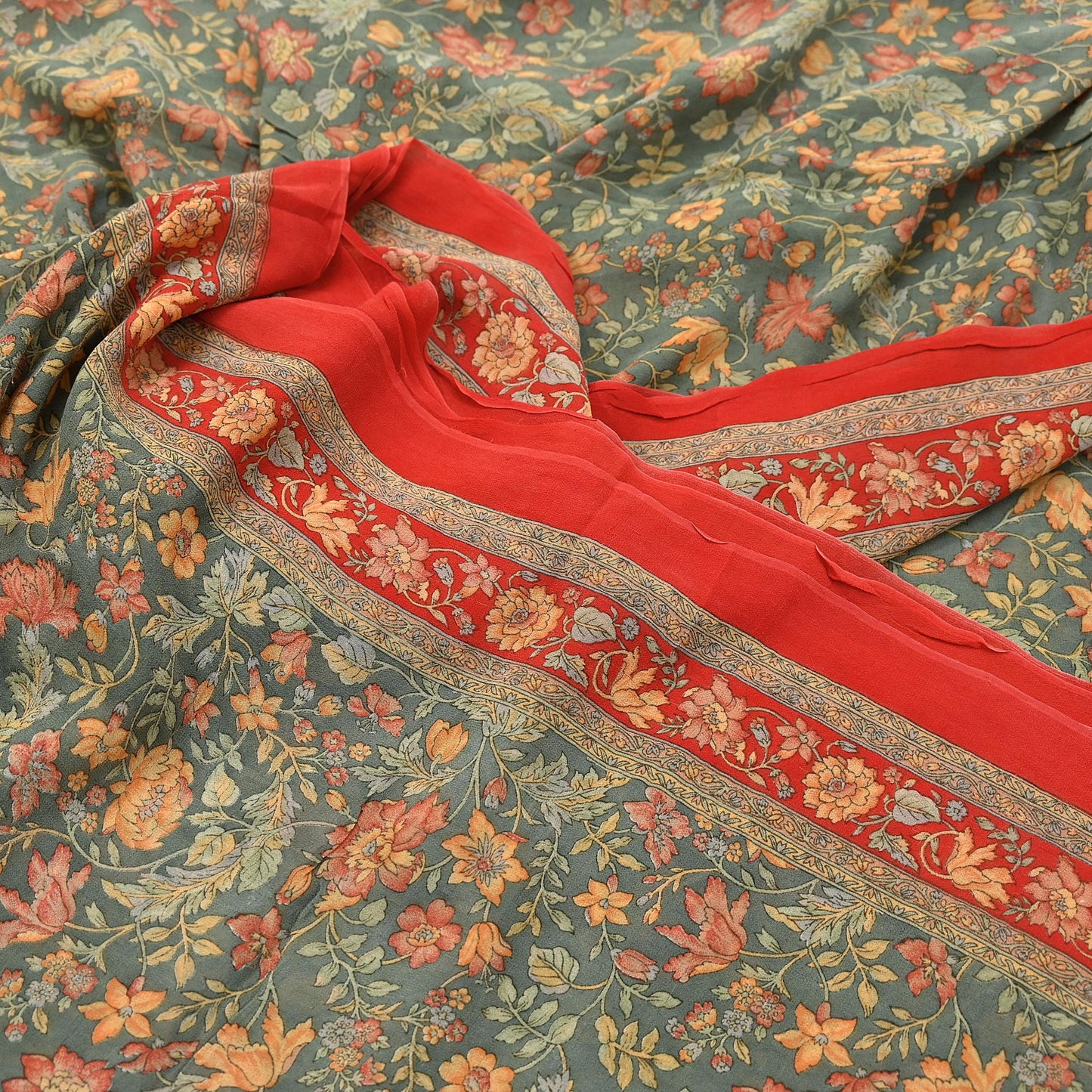 Women Vintage Sari Red & Green 100% Pure Georgette Silk Printed Saree Craft Fabric Sewing 5Yard Soft Sari Dress Making