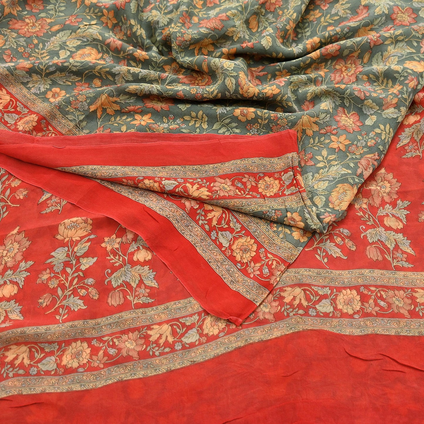 Women Vintage Sari Red & Green 100% Pure Georgette Silk Printed Saree Craft Fabric Sewing 5Yard Soft Sari Dress Making