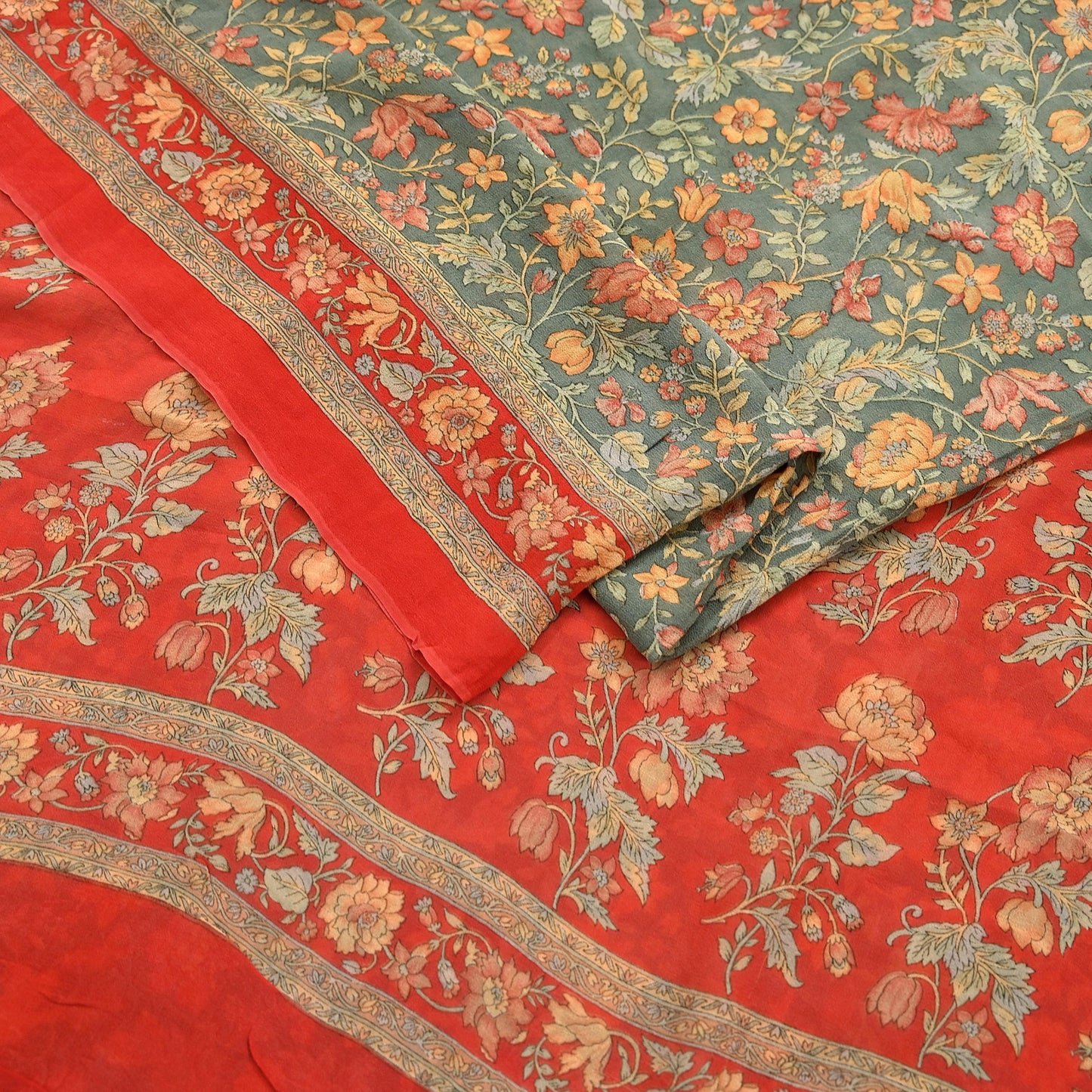 Women Vintage Sari Red & Green 100% Pure Georgette Silk Printed Saree Craft Fabric Sewing 5Yard Soft Sari Dress Making
