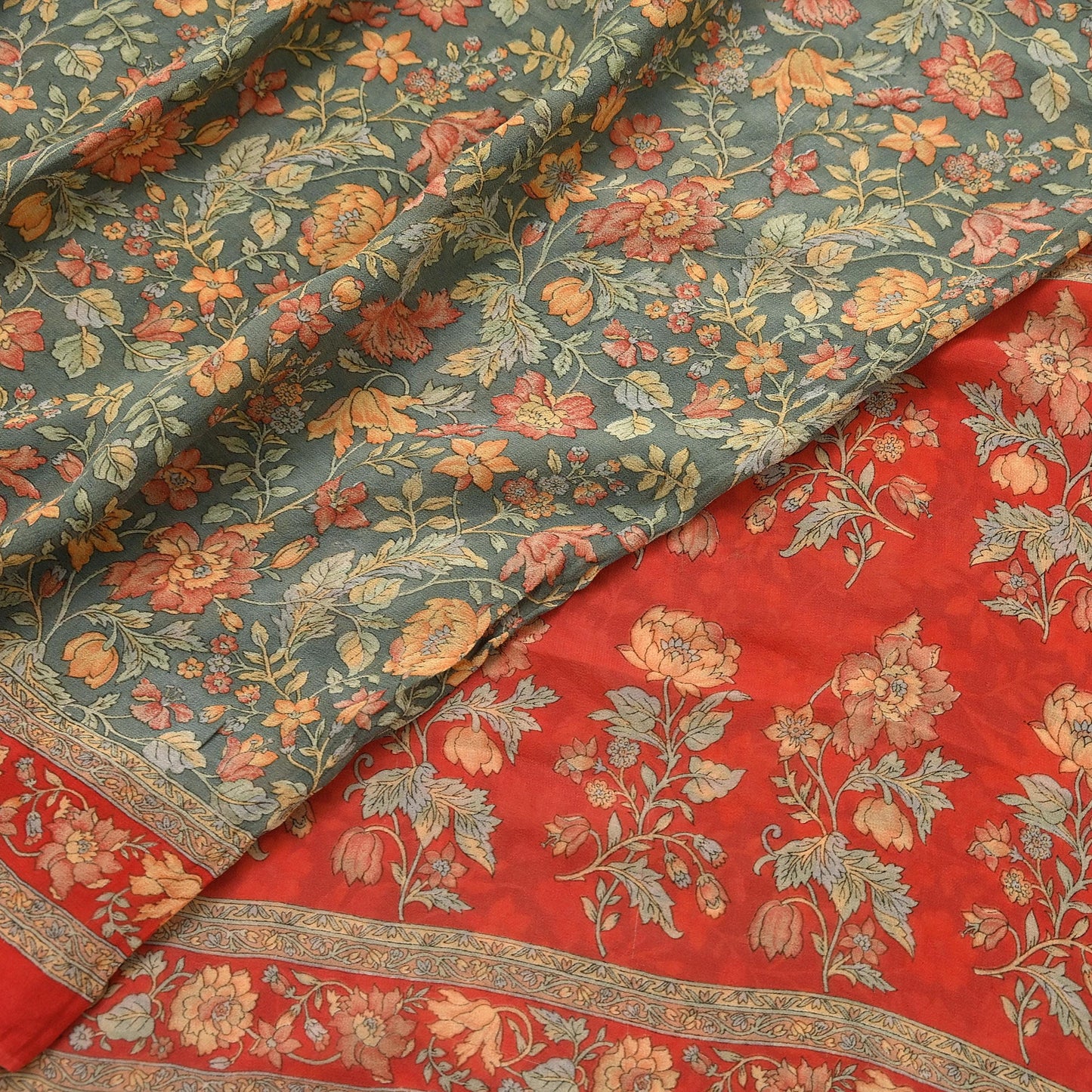 Women Vintage Sari Red & Green 100% Pure Georgette Silk Printed Saree Craft Fabric Sewing 5Yard Soft Sari Dress Making