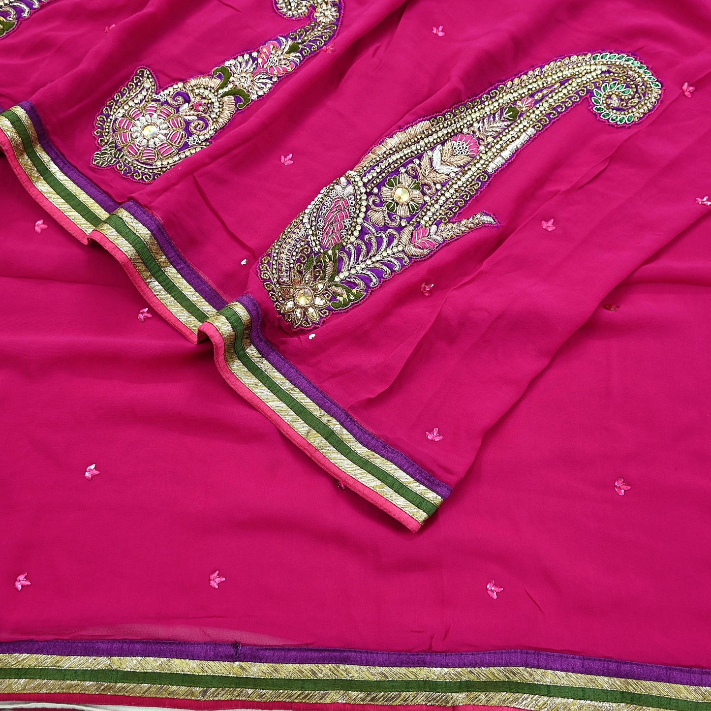 Indian Vintage Heavy Sarees Rani Pink Pure Georgette Silk Hand Embroidered Sari Fabric 5Yd Sewing Ethnic Zardozi/dabka zari With Blouse Pcs