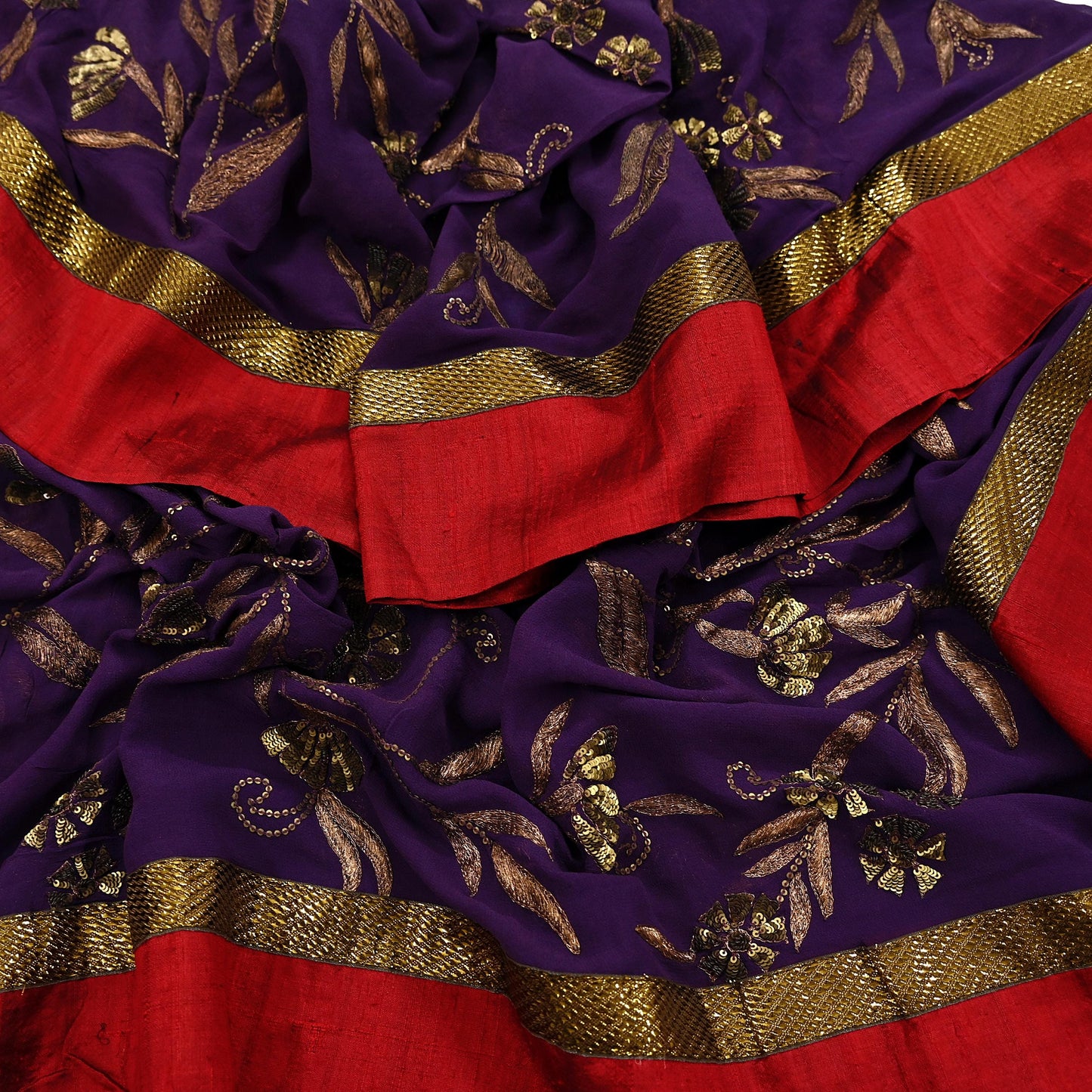 Indian Vintage Heavy Purple Dupatta Pure Georgette Silk Long Stole Hand Embroidered Gota Patti Scarf Zari