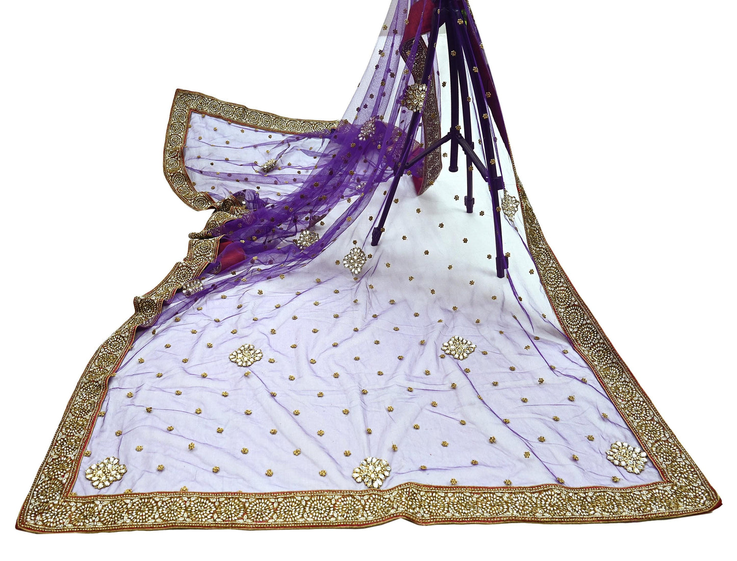 Indian Vintage Heavy Purple Dupatta Net Mesh Long Stole Hand Embroidered Scarf Purple Zardozi Zari Sequins Stole