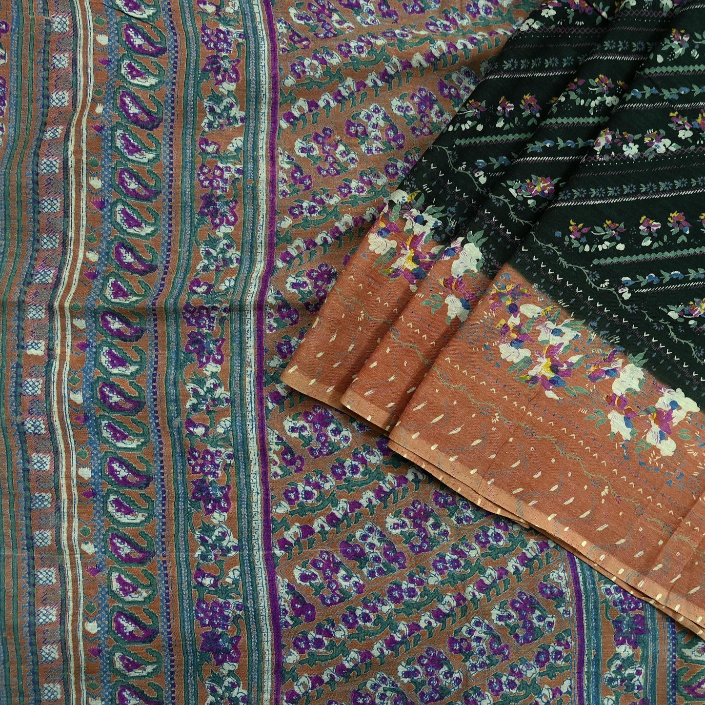 Indian Vintage Sari Green Printed Pure Cotton Saree Craft Soft Fabric 5Yard Sewing Sarong Wrap Boho Floral