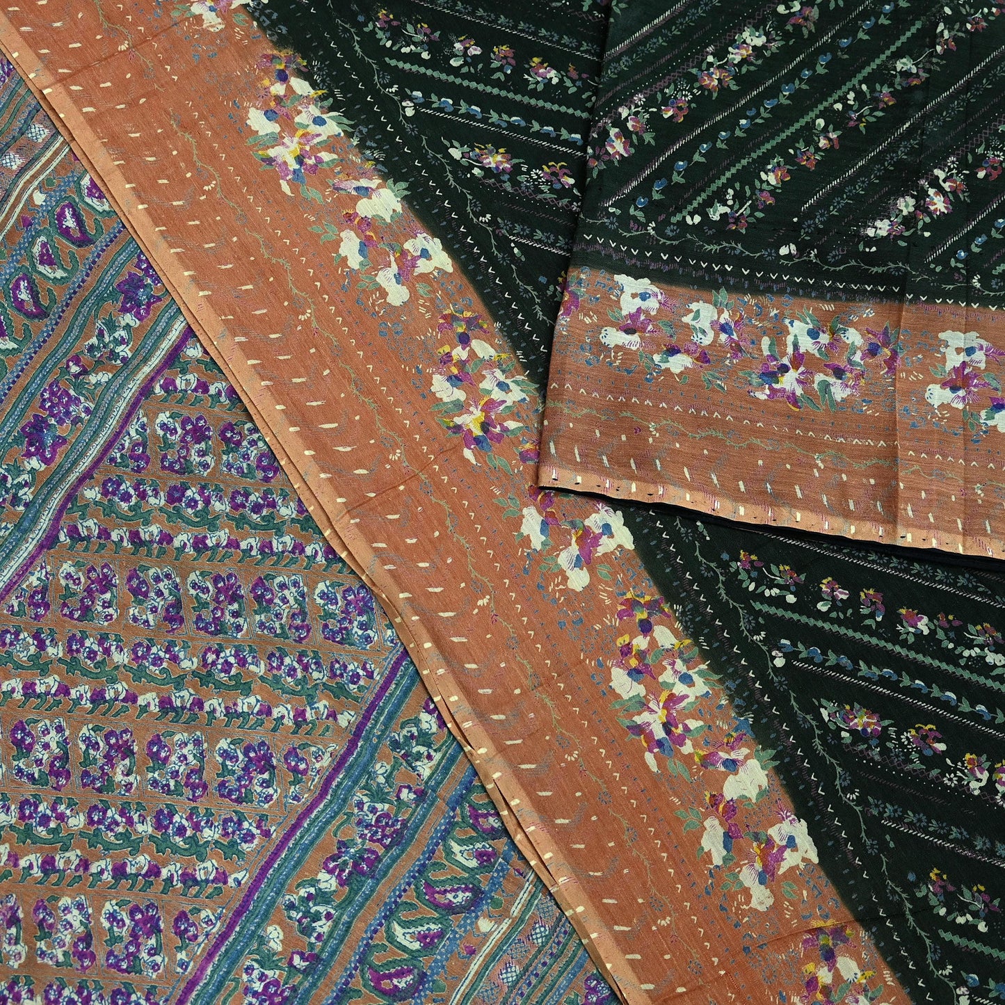 Indian Vintage Sari Green Printed Pure Cotton Saree Craft Soft Fabric 5Yard Sewing Sarong Wrap Boho Floral