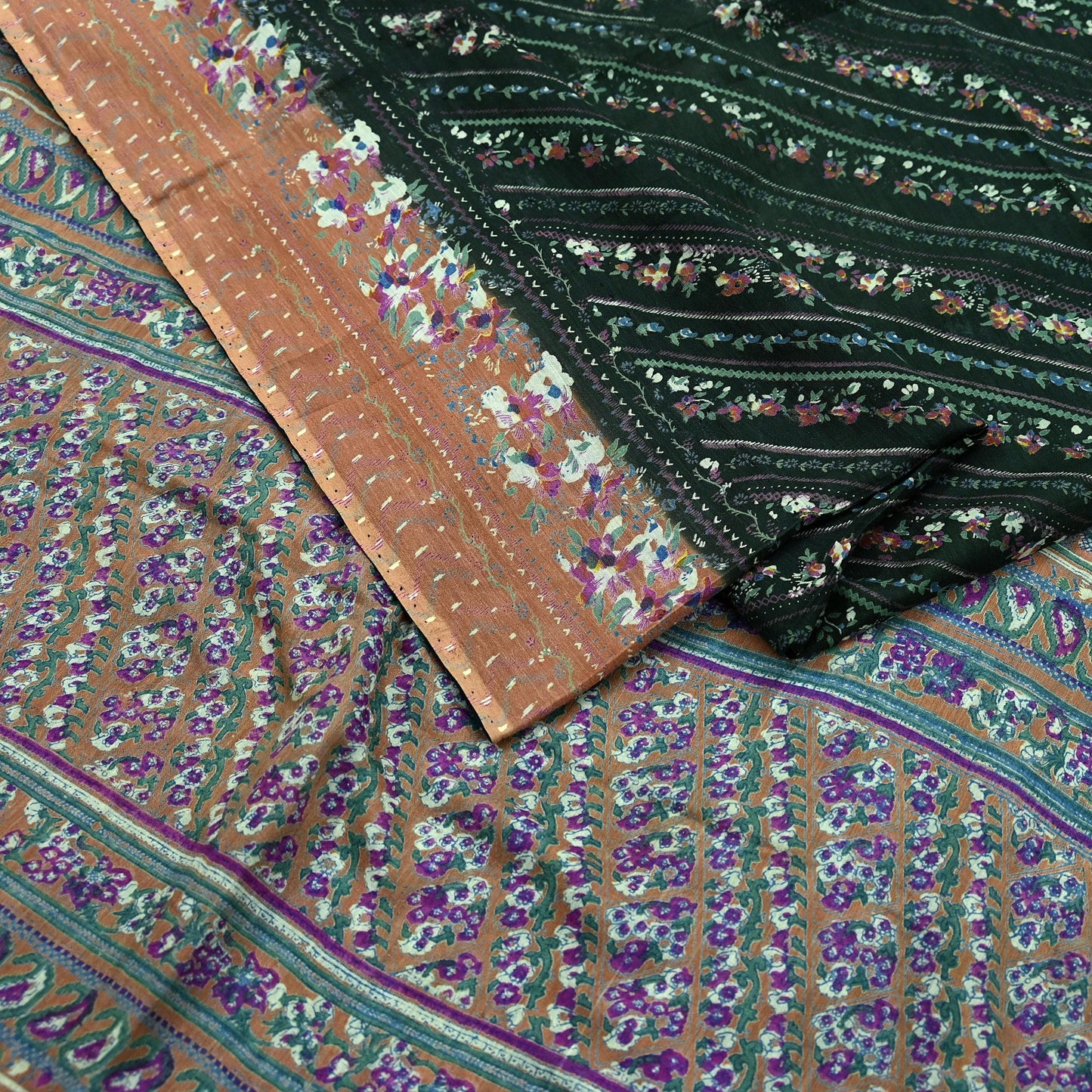 Indian Vintage Sari Green Printed Pure Cotton Saree Craft Soft Fabric 5Yard Sewing Sarong Wrap Boho Floral