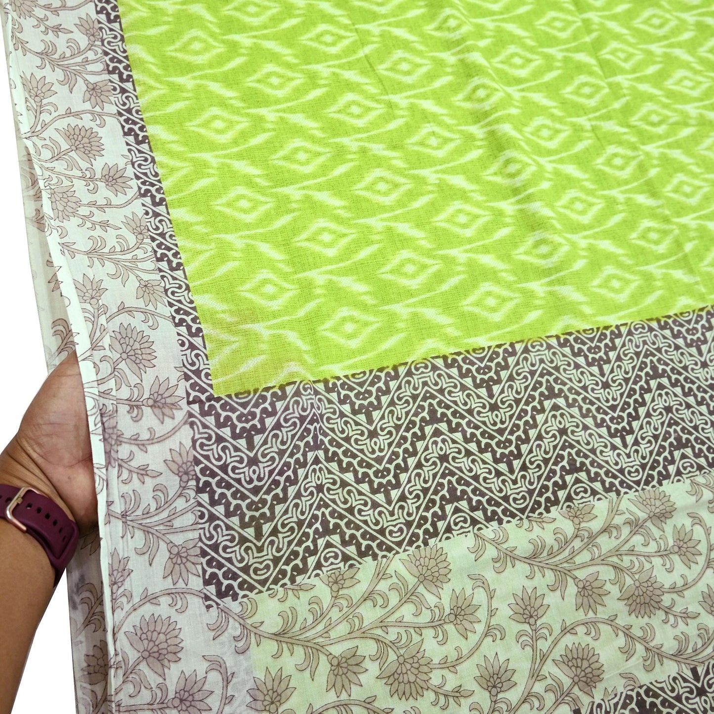 Indian Vintage Sari Green & Ivory Printed Pure Cotton Sarees 5Yd Craft Fabric Soft Sewing Sarong Wrap Boho Upcycle quilting Dress making