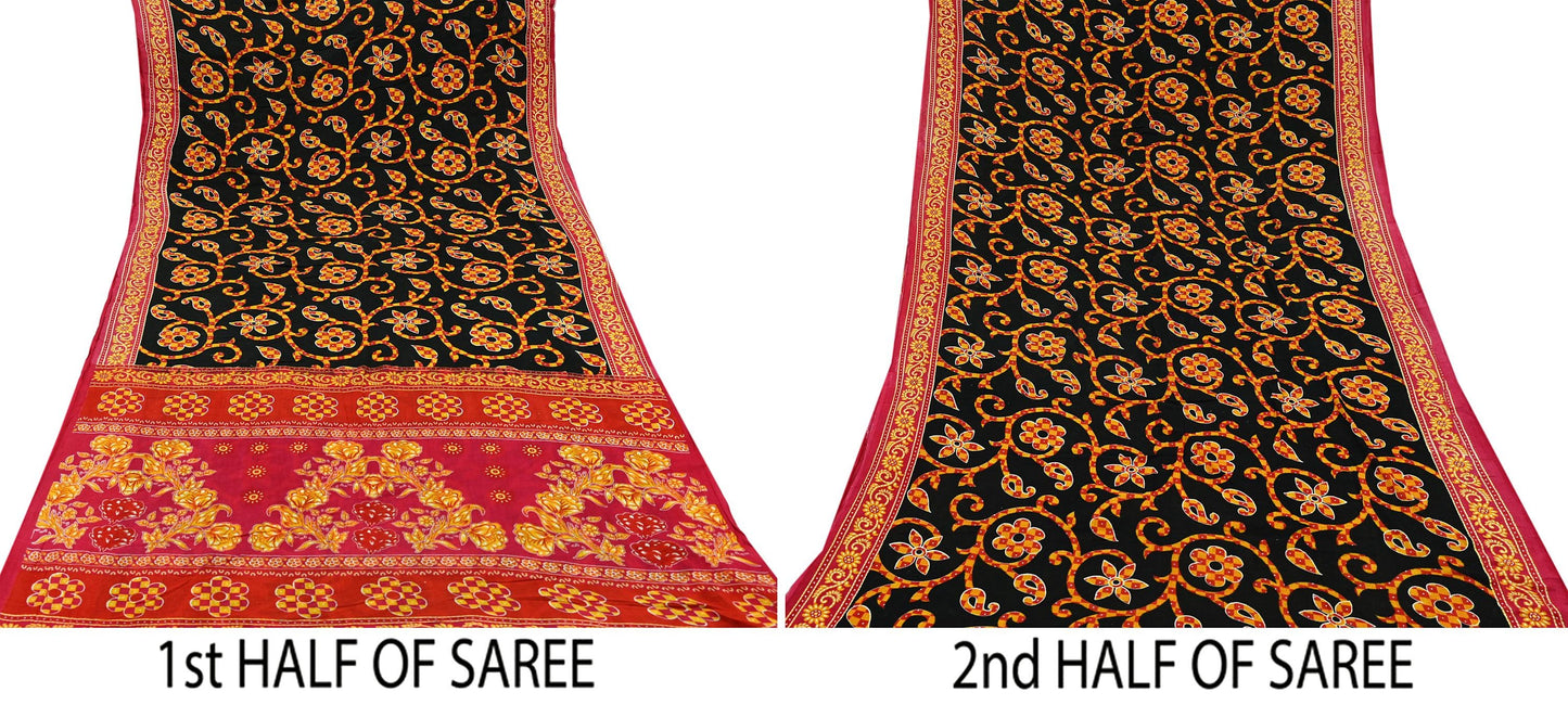 Indian Vintage Sari Red & Black Printed 100% Pure Cotton Sarees Craft Fabric 5Yard Sewing Sarong Wrap Boho Floral Dress making Quilting Soft