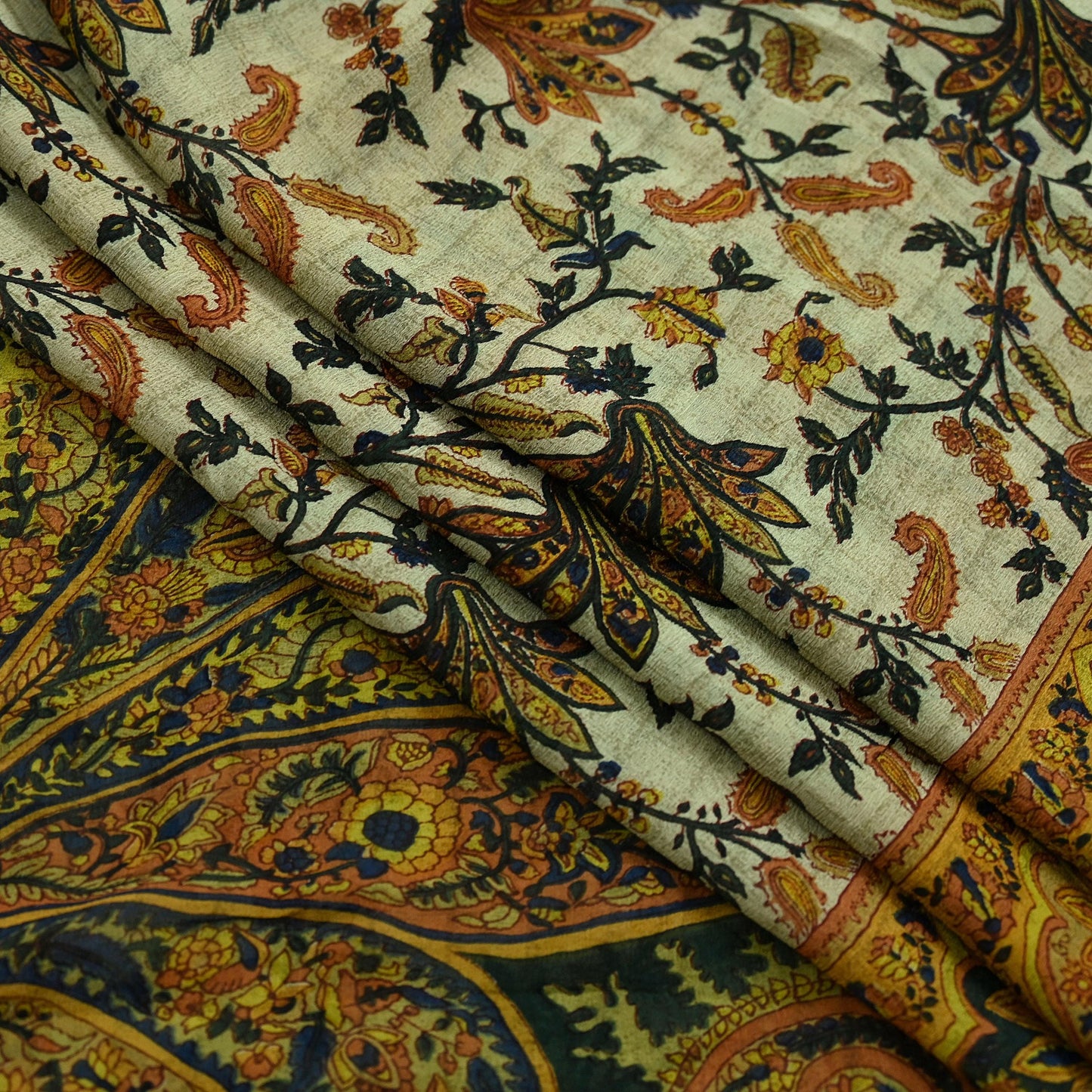 Indian Vintage Sari Green & Ivory Pure Chiffon Silk Printed Sarees 5Yd Craft Fabric Sewing Soft Light Sari Dress Making Upcycle Quilting