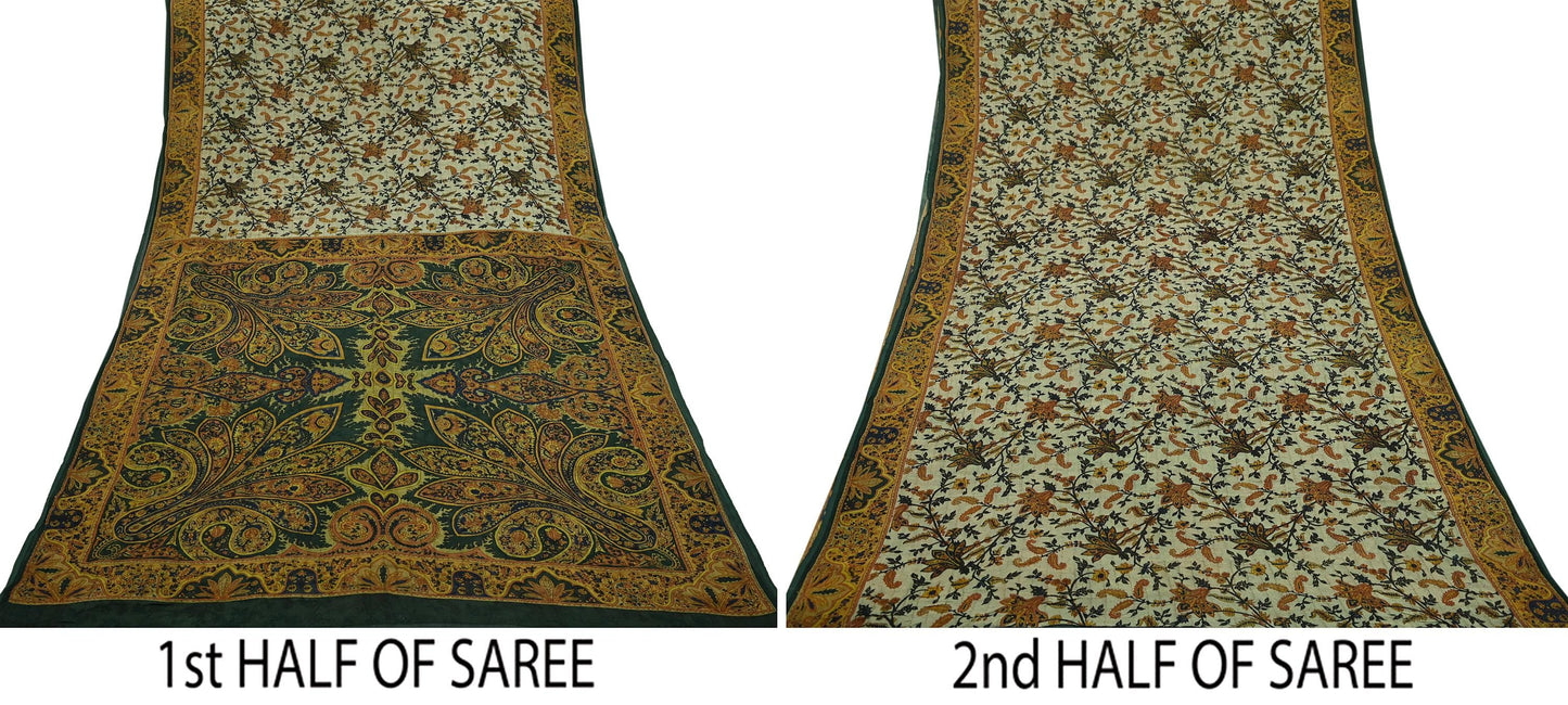 Indian Vintage Sari Green & Ivory Pure Chiffon Silk Printed Sarees 5Yd Craft Fabric Sewing Soft Light Sari Dress Making Upcycle Quilting