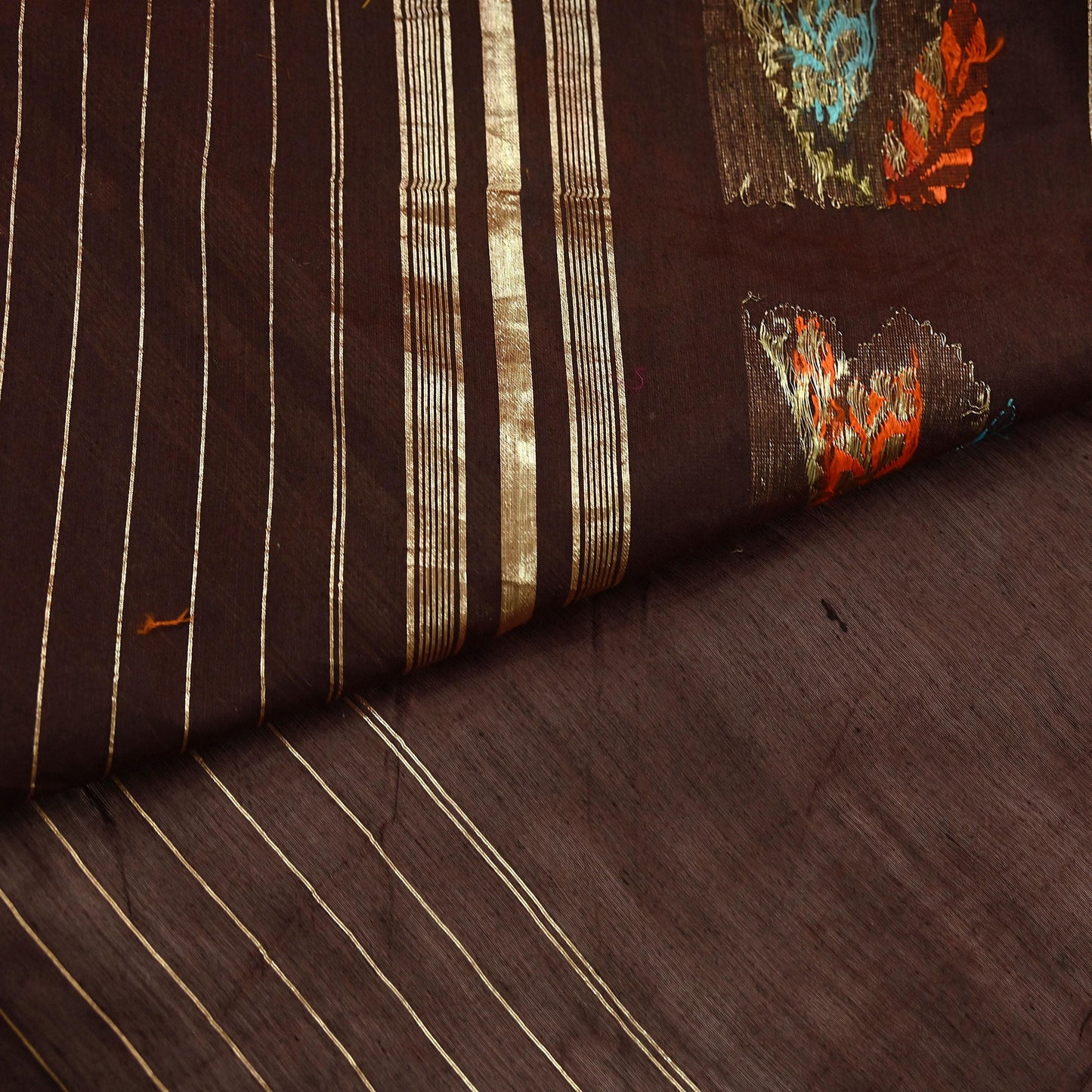 Indian Vintage Sari Brown Pure Silk Hand Woven Sarees Craft Fabric 5Yd Sewing Ethnic Floral Dress making For Crafting Quilting Upcycle