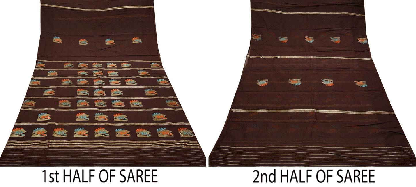 Indian Vintage Sari Brown Pure Silk Hand Woven Sarees Craft Fabric 5Yd Sewing Ethnic Floral Dress making For Crafting Quilting Upcycle