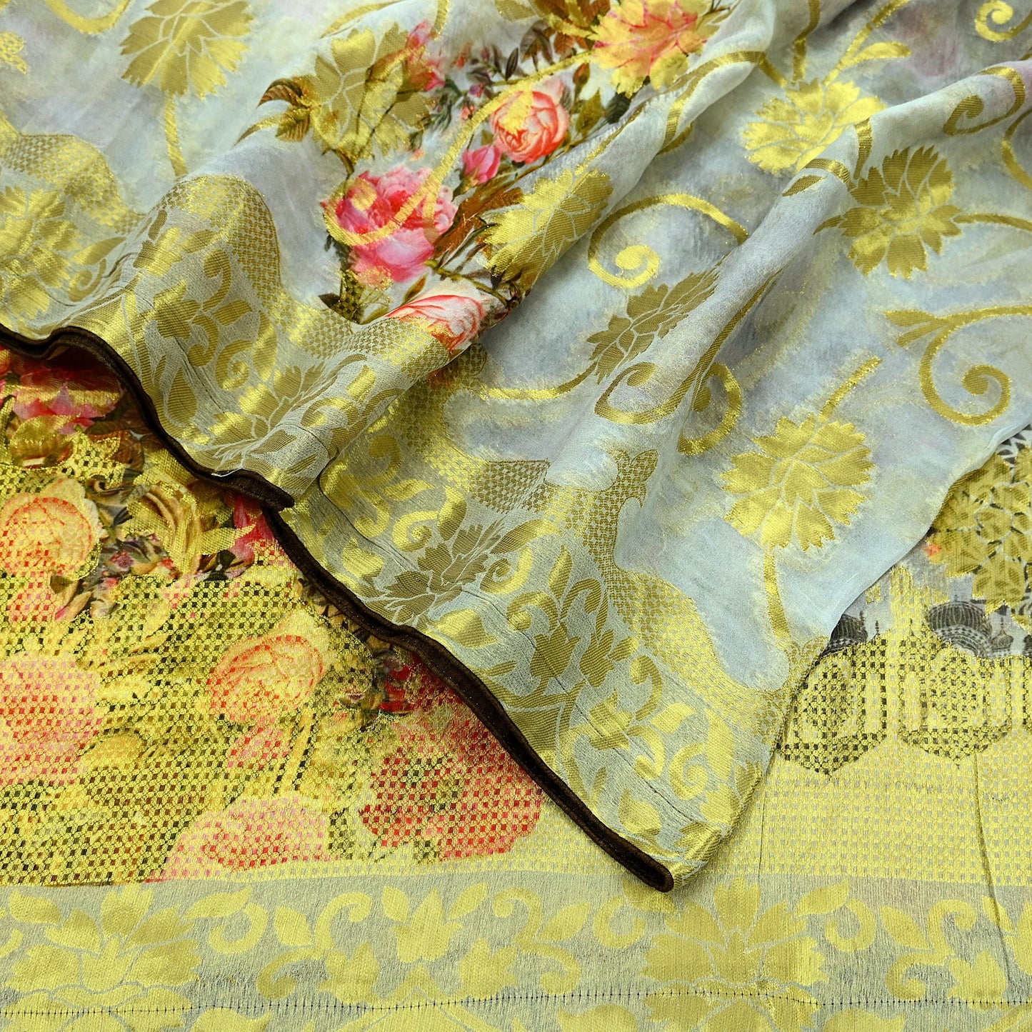 Indian Vintage Dupatta Gray Long Stole Blend Georgette Digital Printed Scarves Veil Hijab Wrap Floral Golden Zari