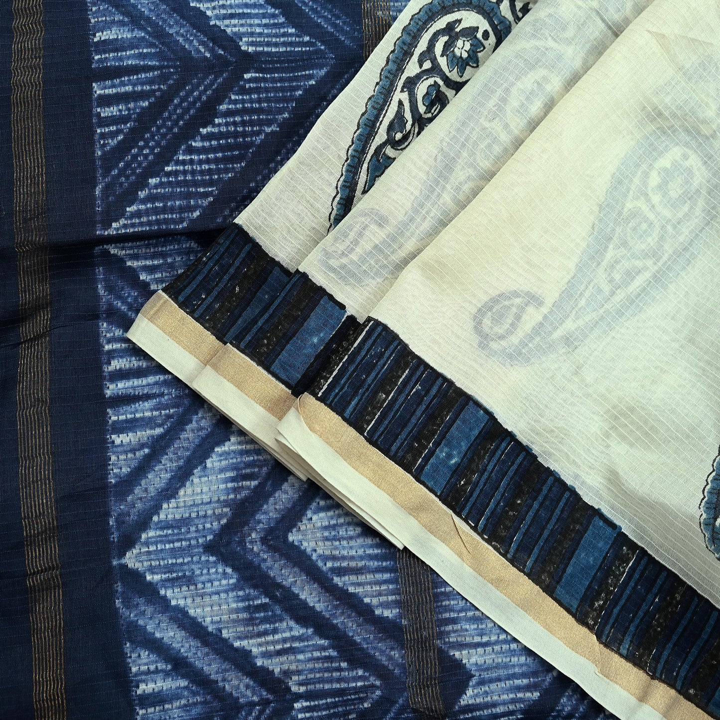 Indian Vintage Blue & Ivory Dupatta Long Stole Hand Block Print Pure Chanderi Silk Scarves Veil Golden Zari