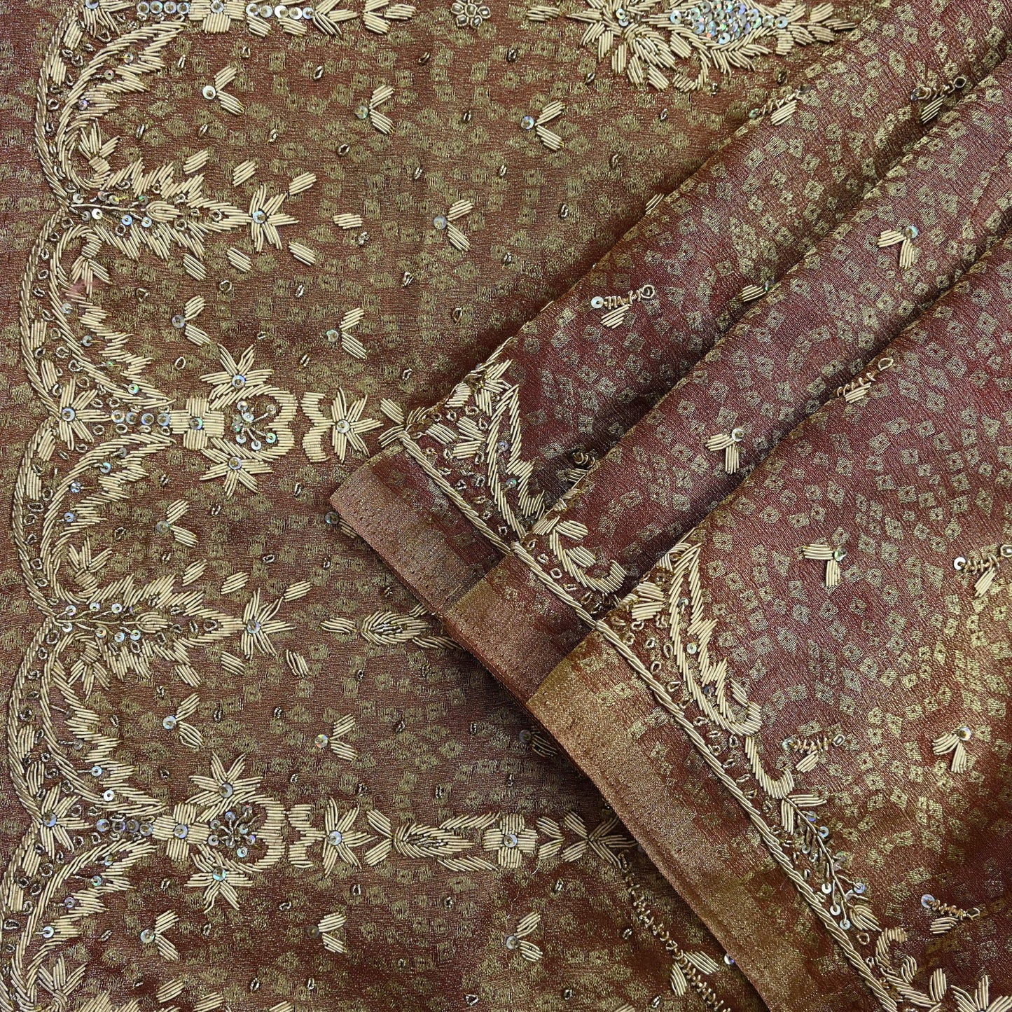 Indian Vintage Heavy Bridal Dupatta Golden Maroon Pure Tissue Silk Long Stole Hand Embroidered Scarves Zari Zardozi/Dabka Wedding Hijab