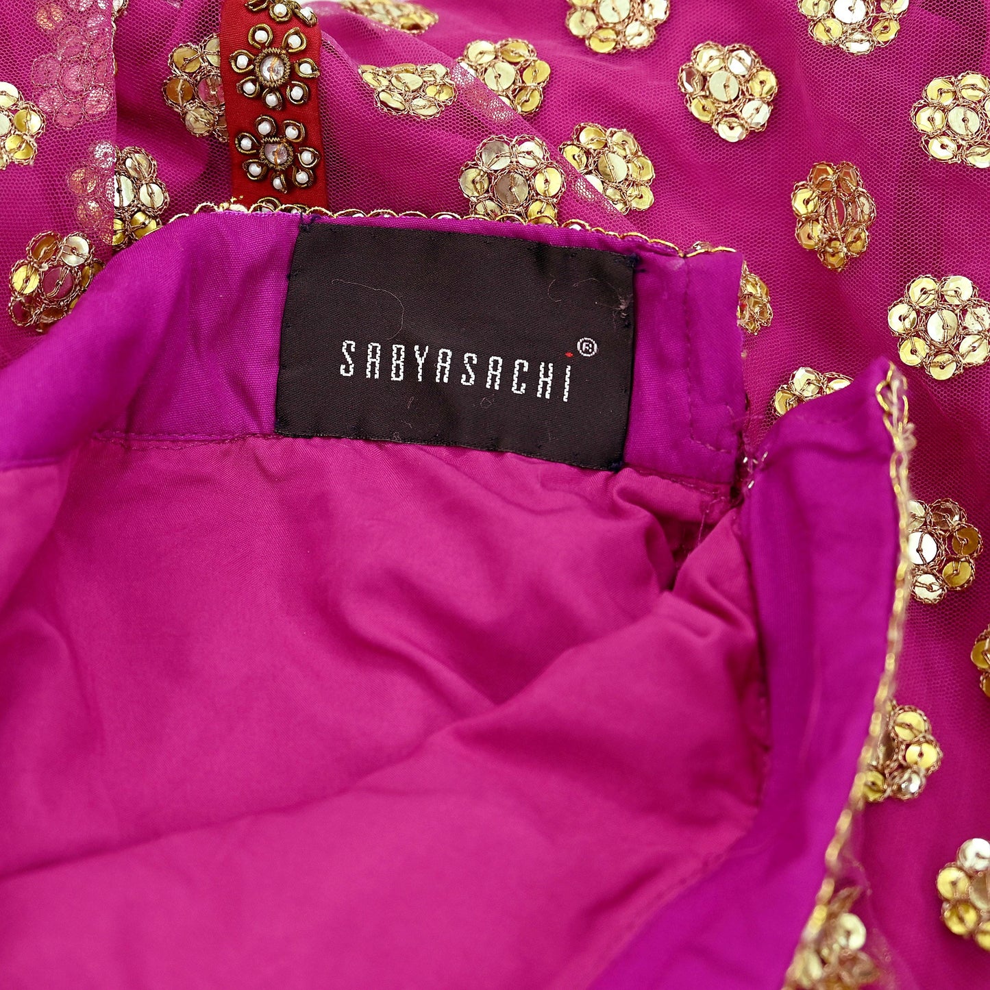 Indian Pre-owned Heavy Wedding Red Net/Mesh Hand Embroidered Lehenga/Skirt Designer By Sabyasachi Zardozi Bridal Wear